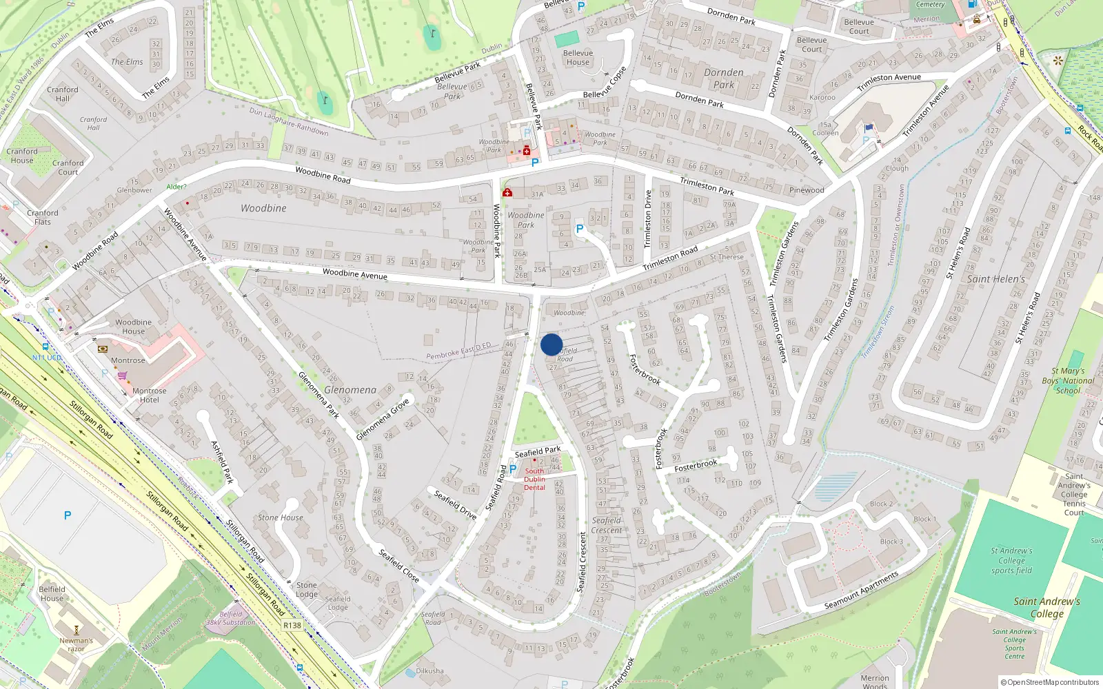 Overhead map showing the location of 33 Seafield Road, Blackrock