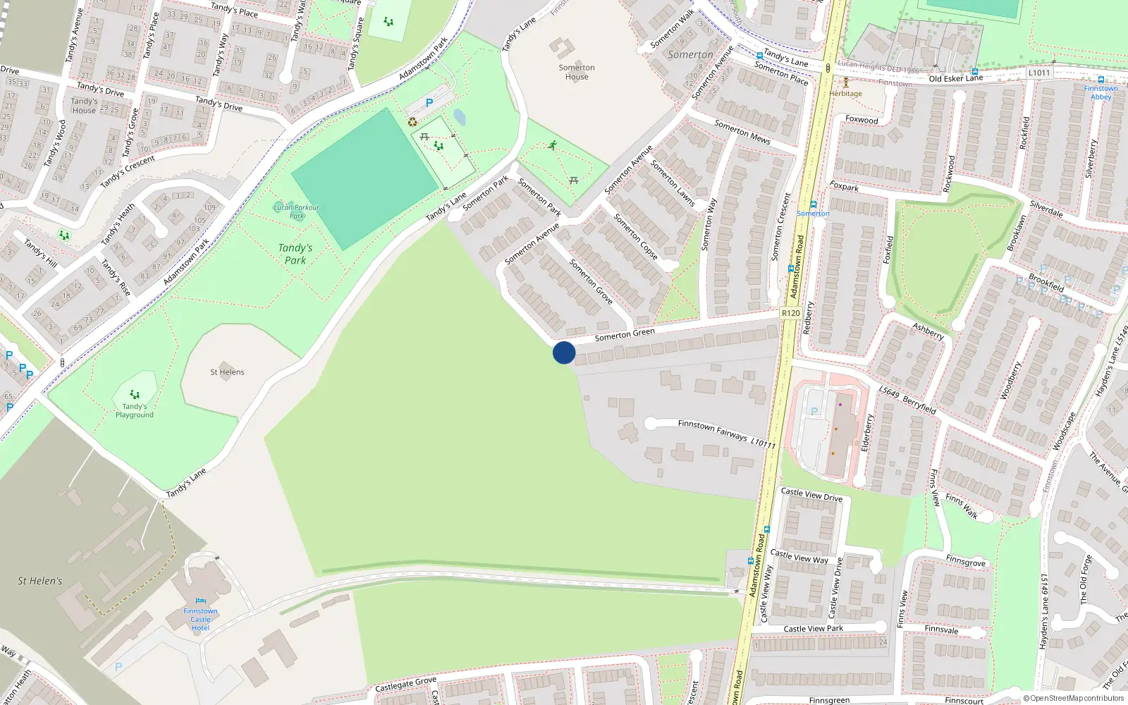 Overhead map showing the location of 33 Somerton Green, Finnstown