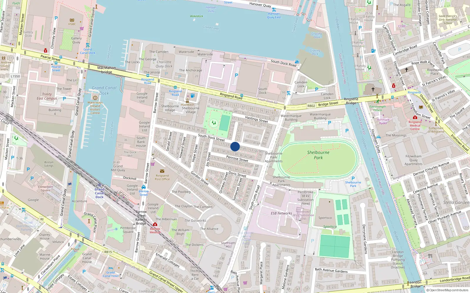Overhead map showing the location of 33 South Dock Street, Dublin 4