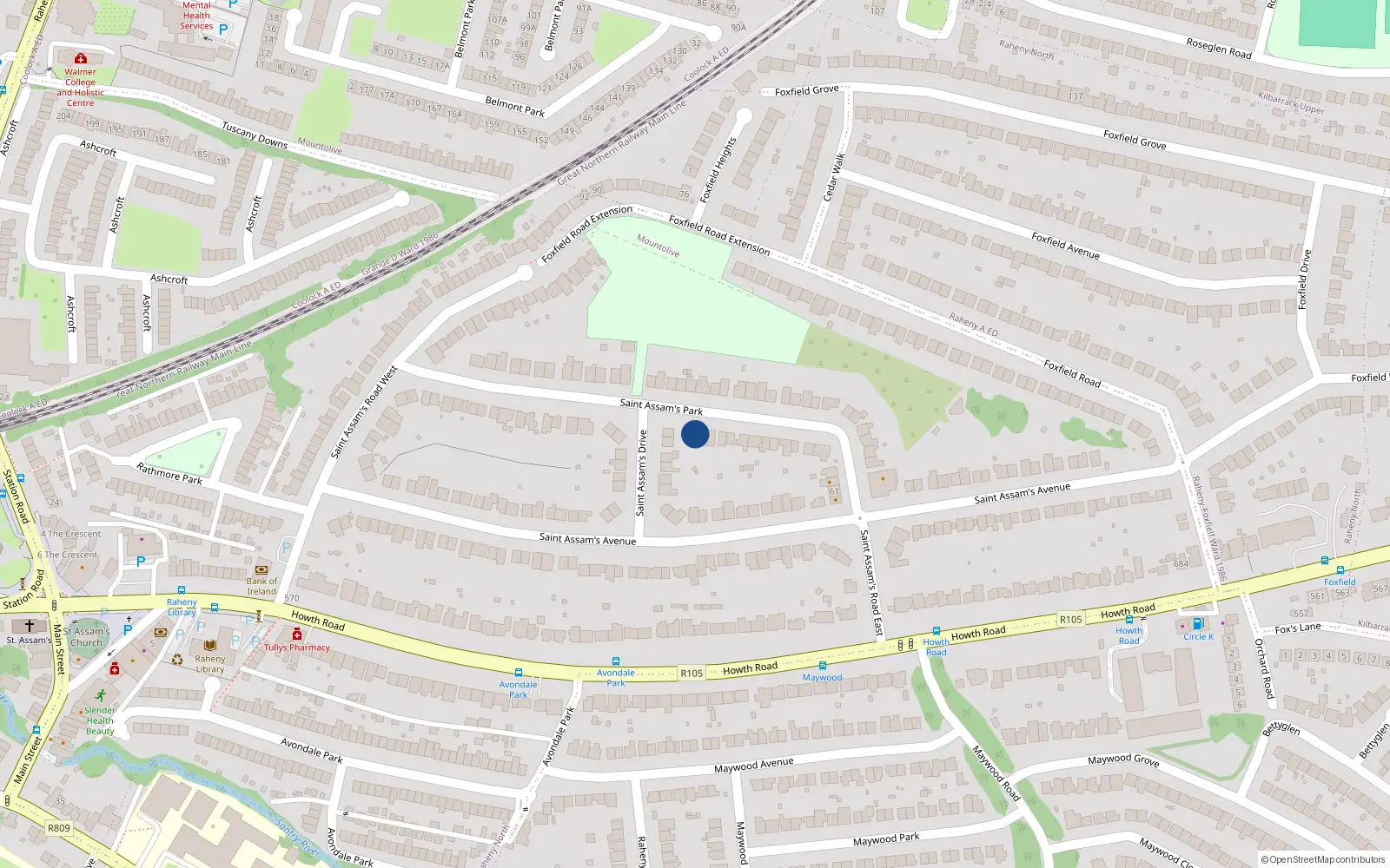 Overhead map showing the location of 33 St. Assams Park, Raheny, Dublin 5