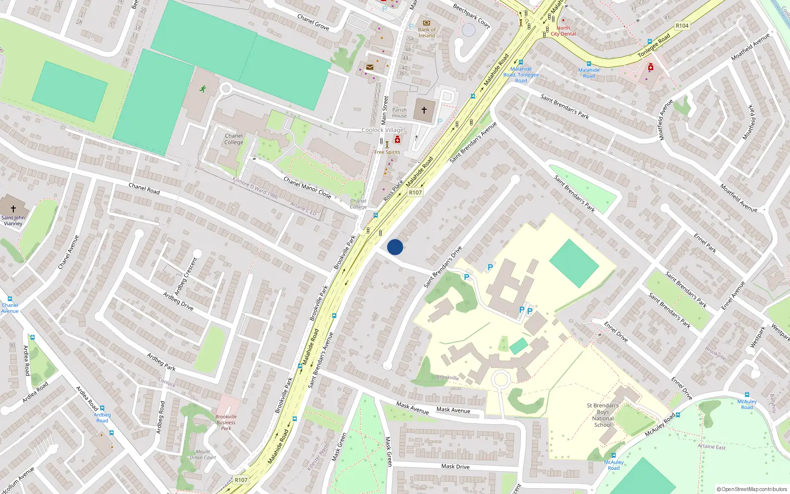 Overhead map showing the location of 33 St Brendans Avenue, Coolock, Dublin 5