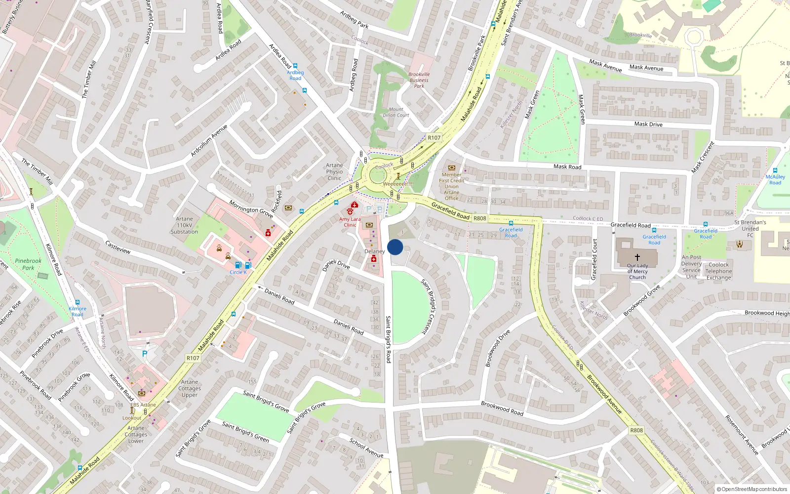 Overhead map showing the location of 33 St Brigids Road, Artane, Dublin 5