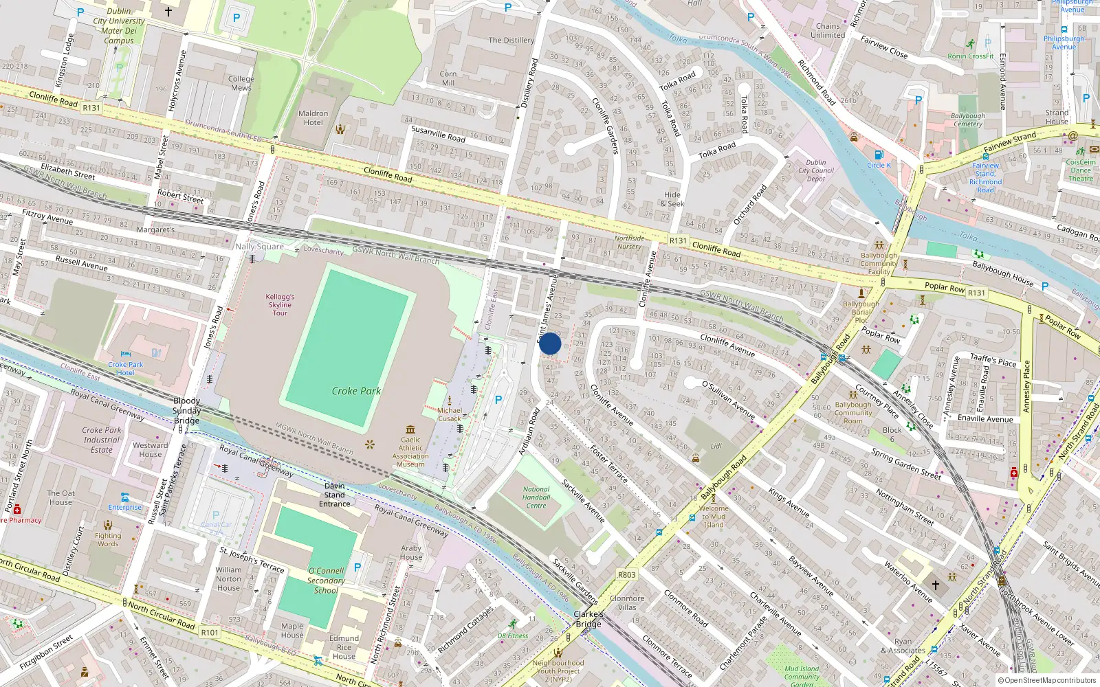Overhead map showing the location of 33 St James Avenue, Dublin 3, Dublin