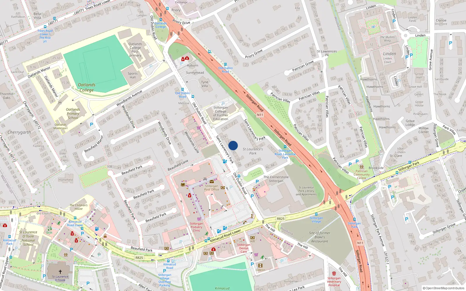 Overhead map showing the location of 33 St Laurences Park, Stillorgan, Dublin
