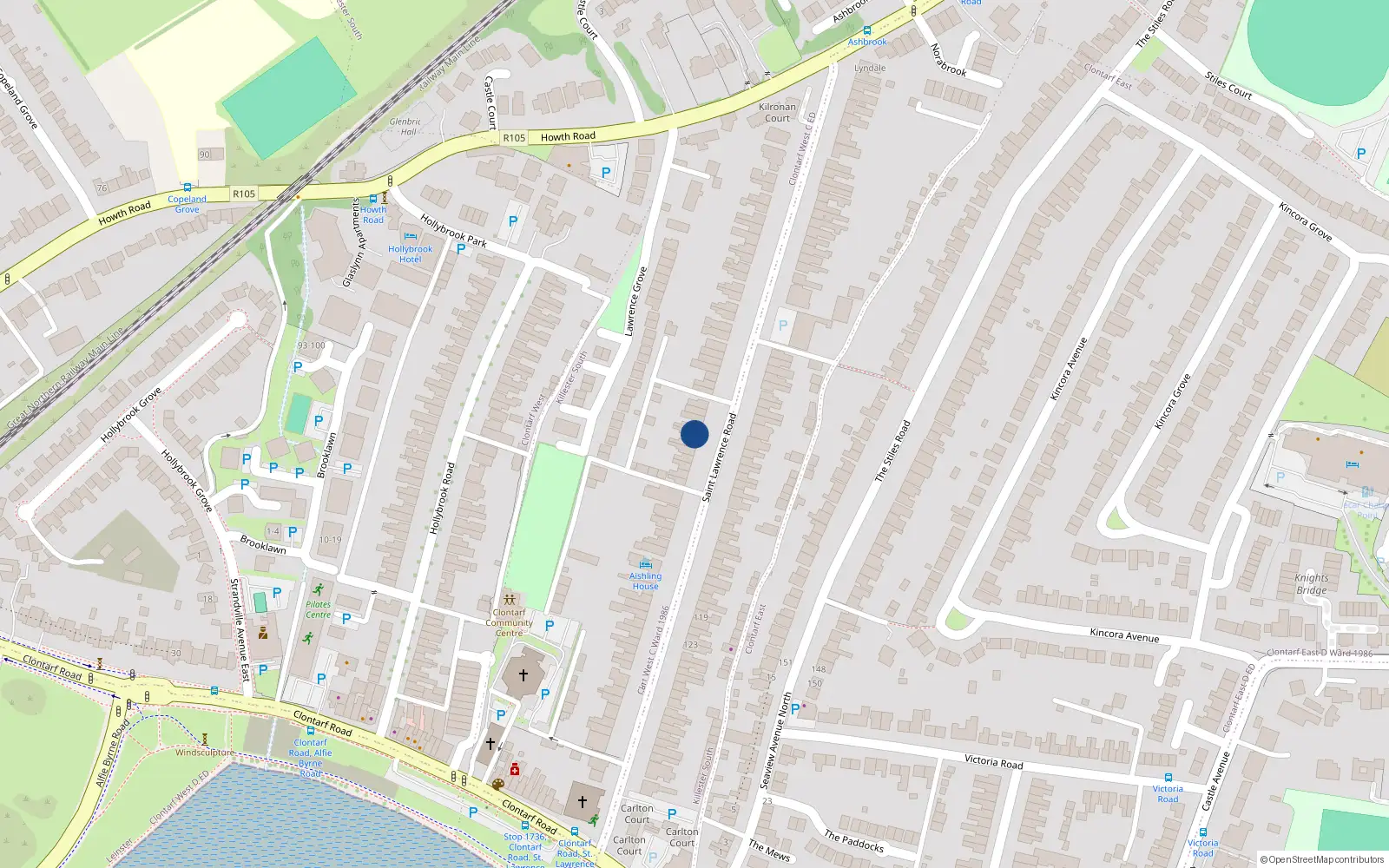 Overhead map showing the location of 33 St Lawrence Road, Clontarf, Dublin 3