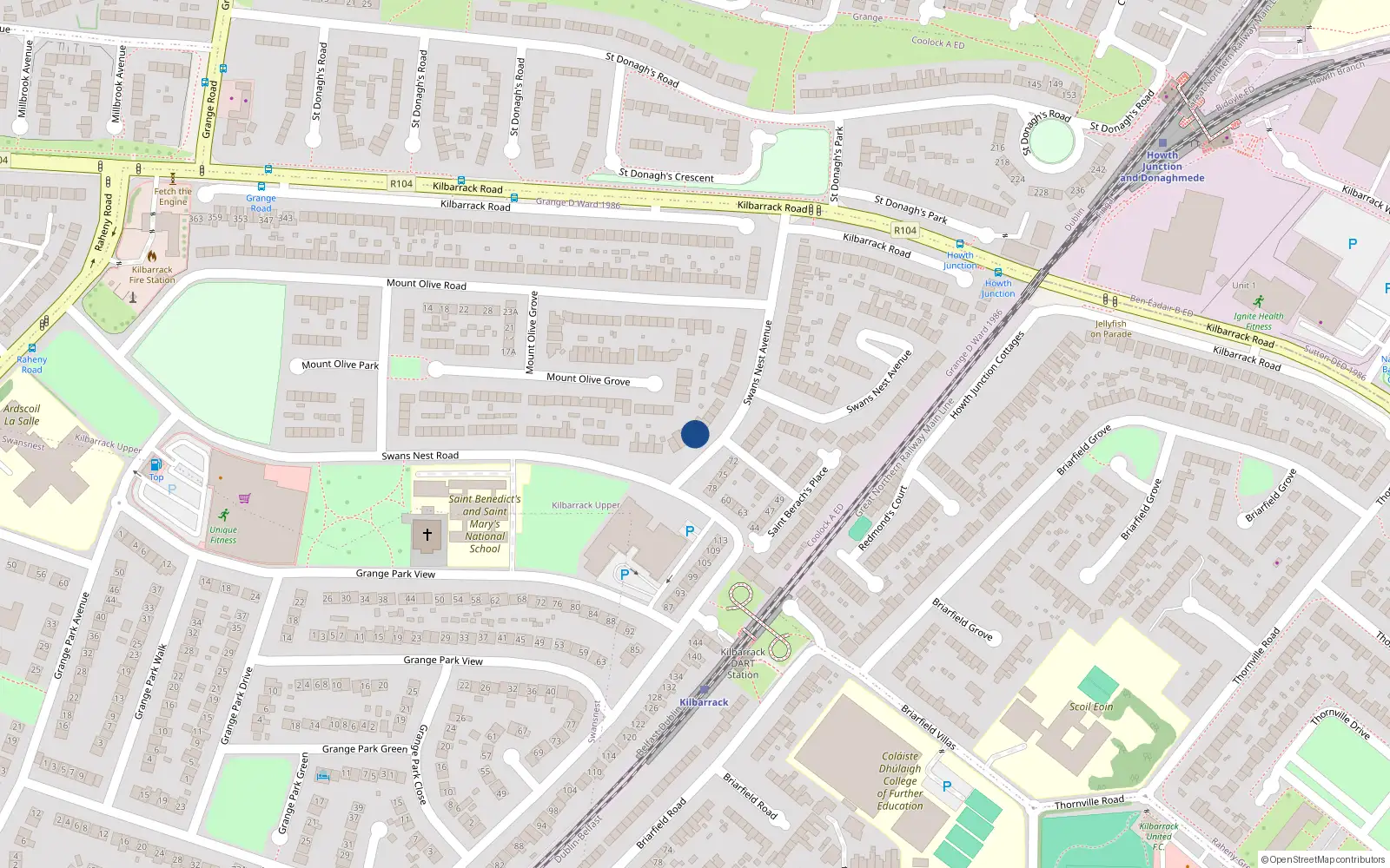 Overhead map showing the location of 33 Swans Nest Avenue, Kilbarrack, Dublin 5