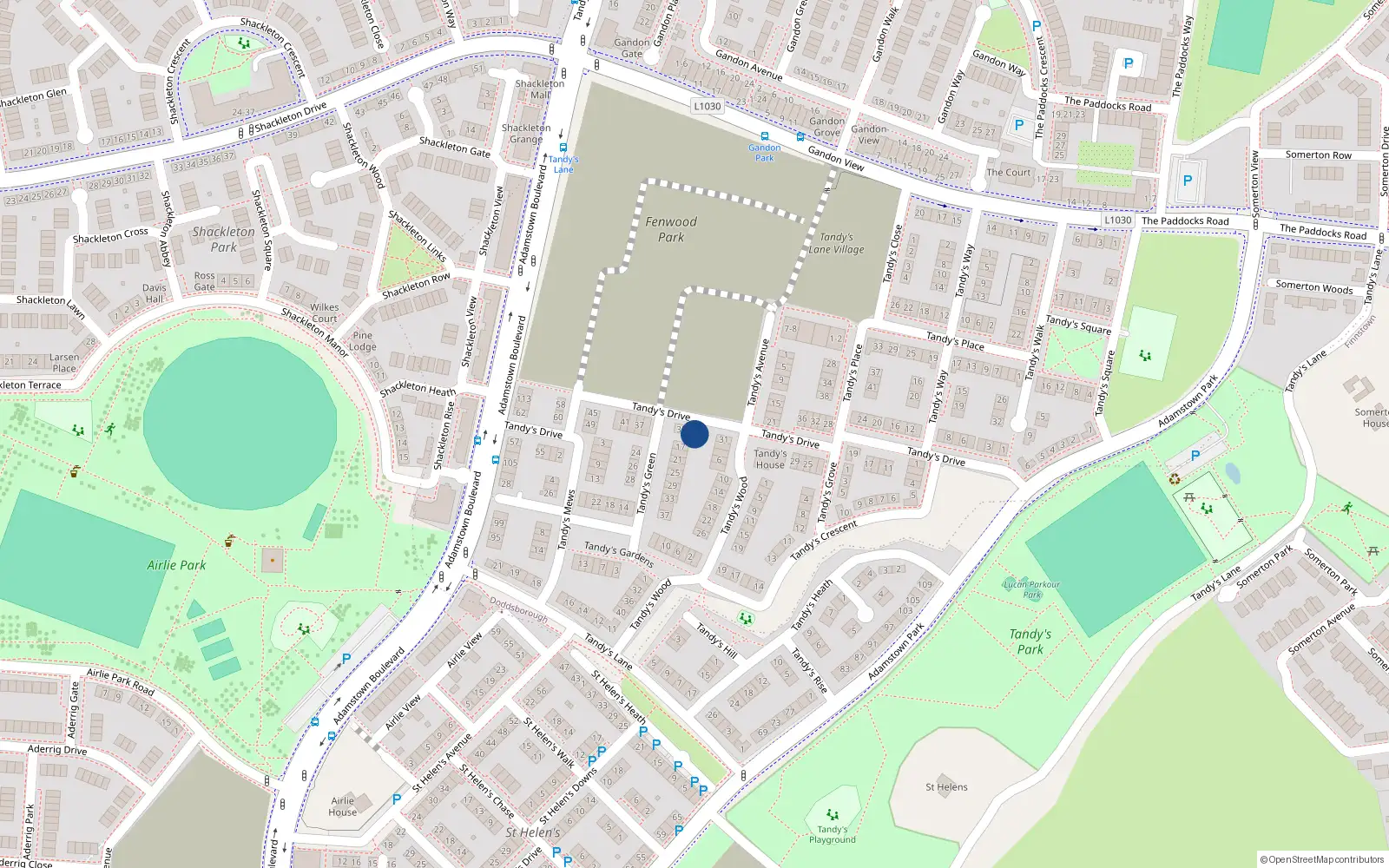 Overhead map showing the location of 33 Tandy's Drive, Adamstown, Lucan
