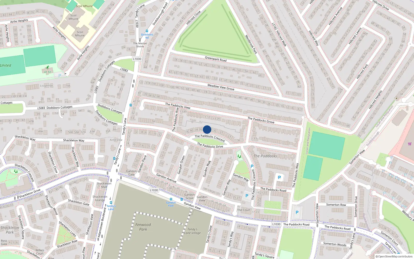 Overhead map showing the location of 33 The Paddocks Crescent, Lucan