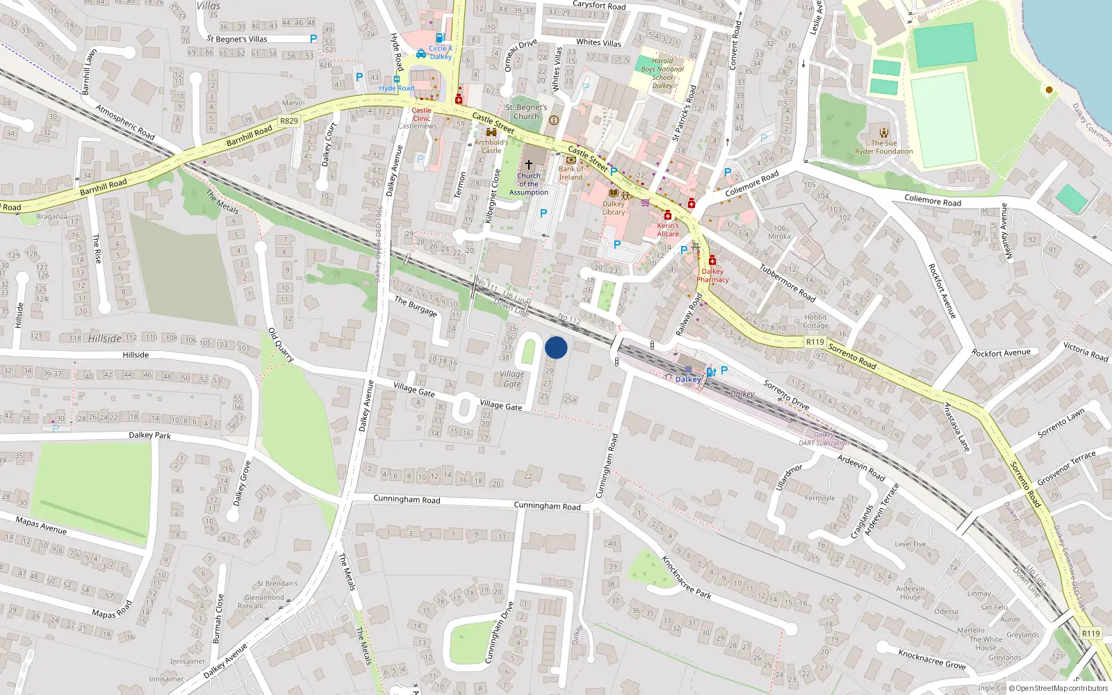 Overhead map showing the location of 33 Village Gate, Dalkey