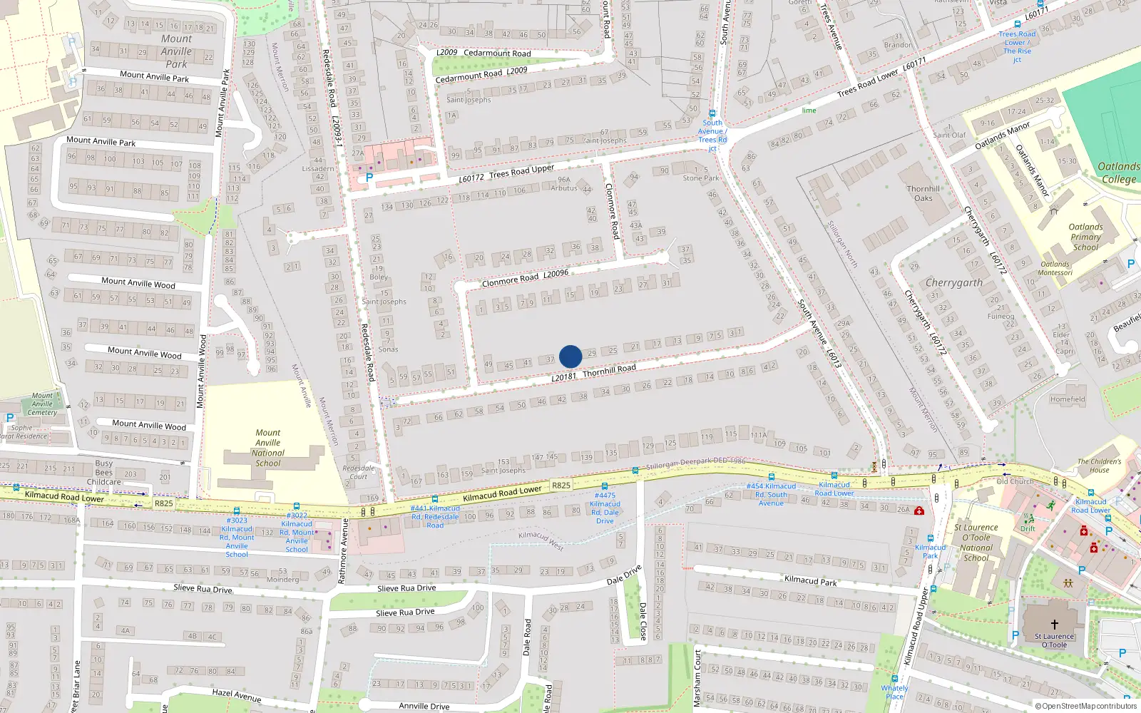 Overhead map showing the location of 33 Thornhill Road, Blackrock