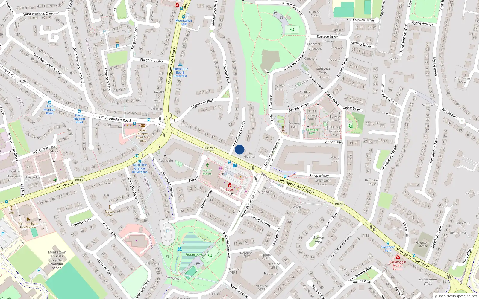 Overhead map showing the location of 33 Upper Glenageary Road, Glenageary, Dublin