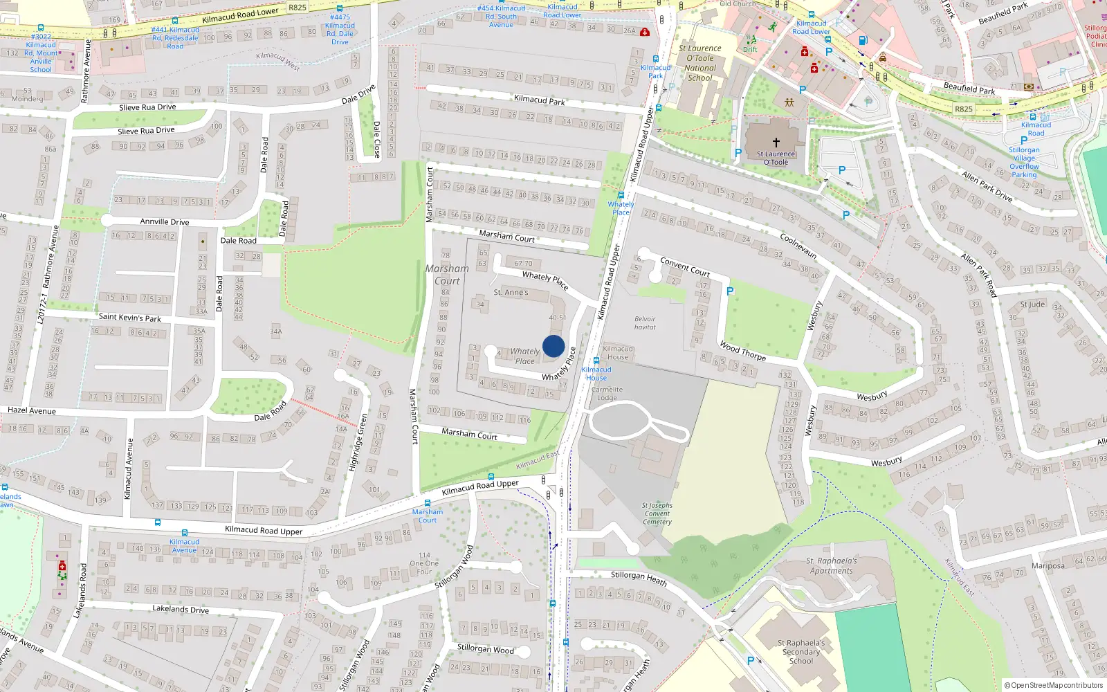 Overhead map showing the location of 33 Whatley Place, Kilmacud Road Upper, Stillorgan