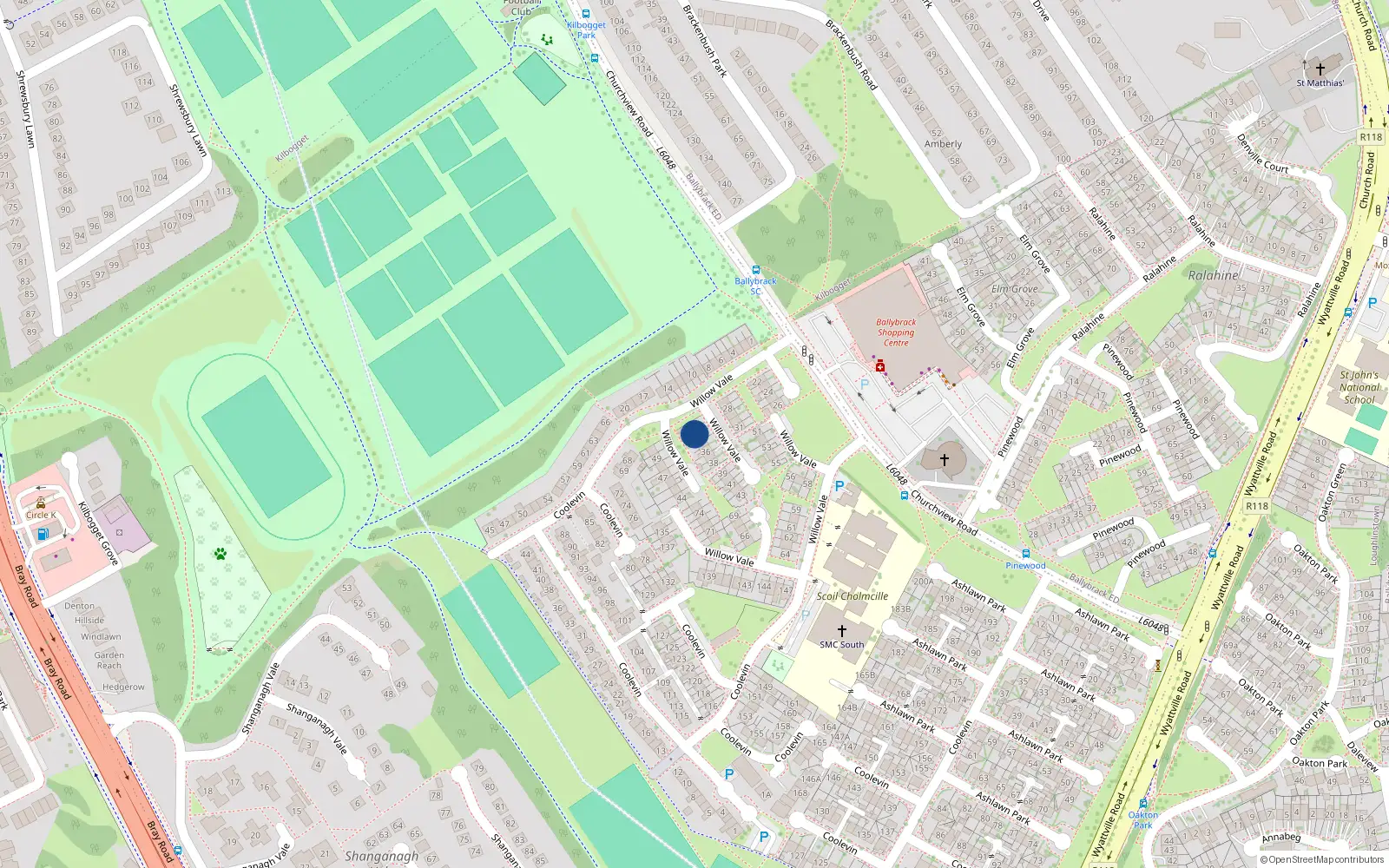 Overhead map showing the location of 33 Willow Vale, Ballybrack