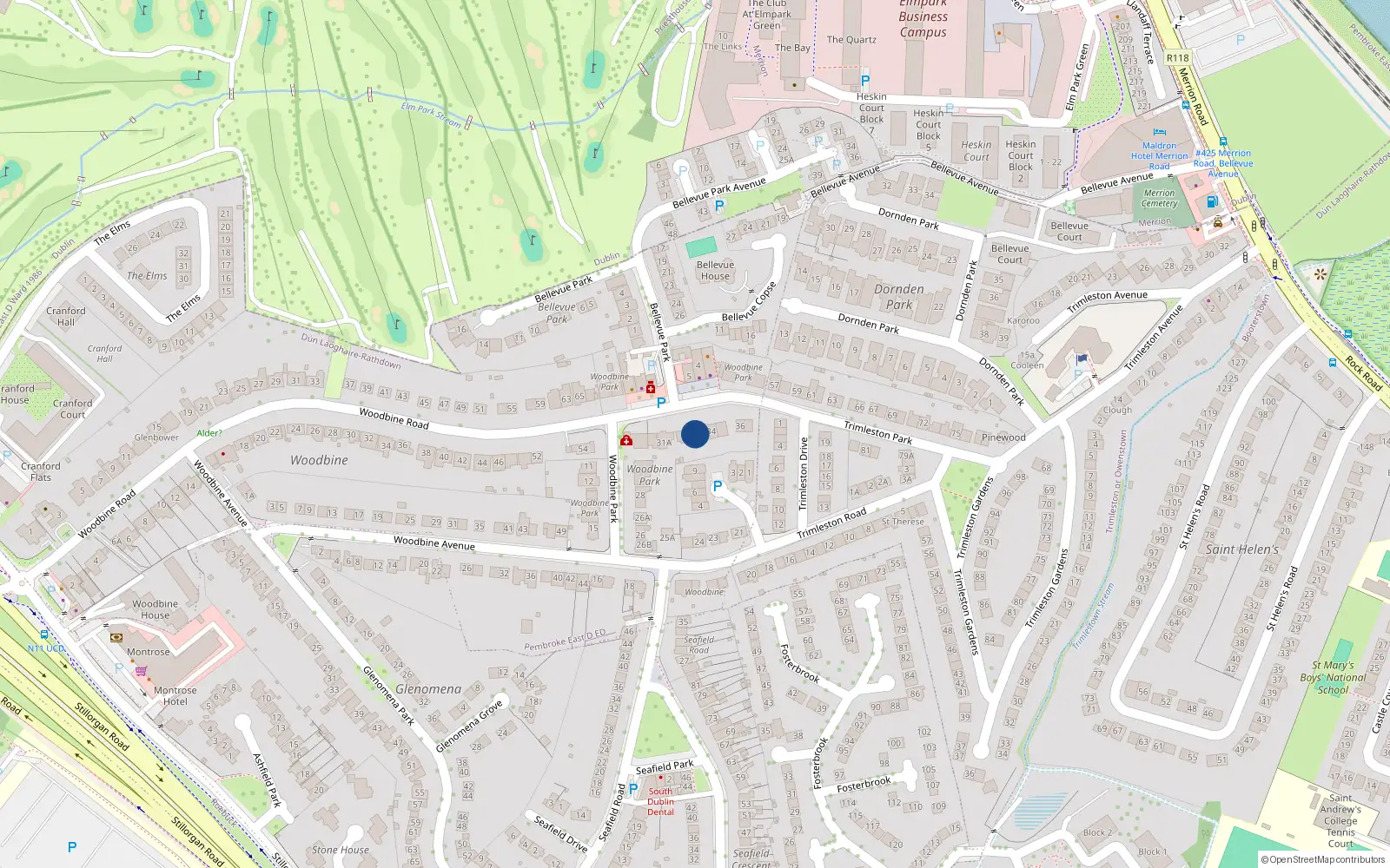 Overhead map showing the location of 33 Woodbine Park, Blackrock, Co Dublin