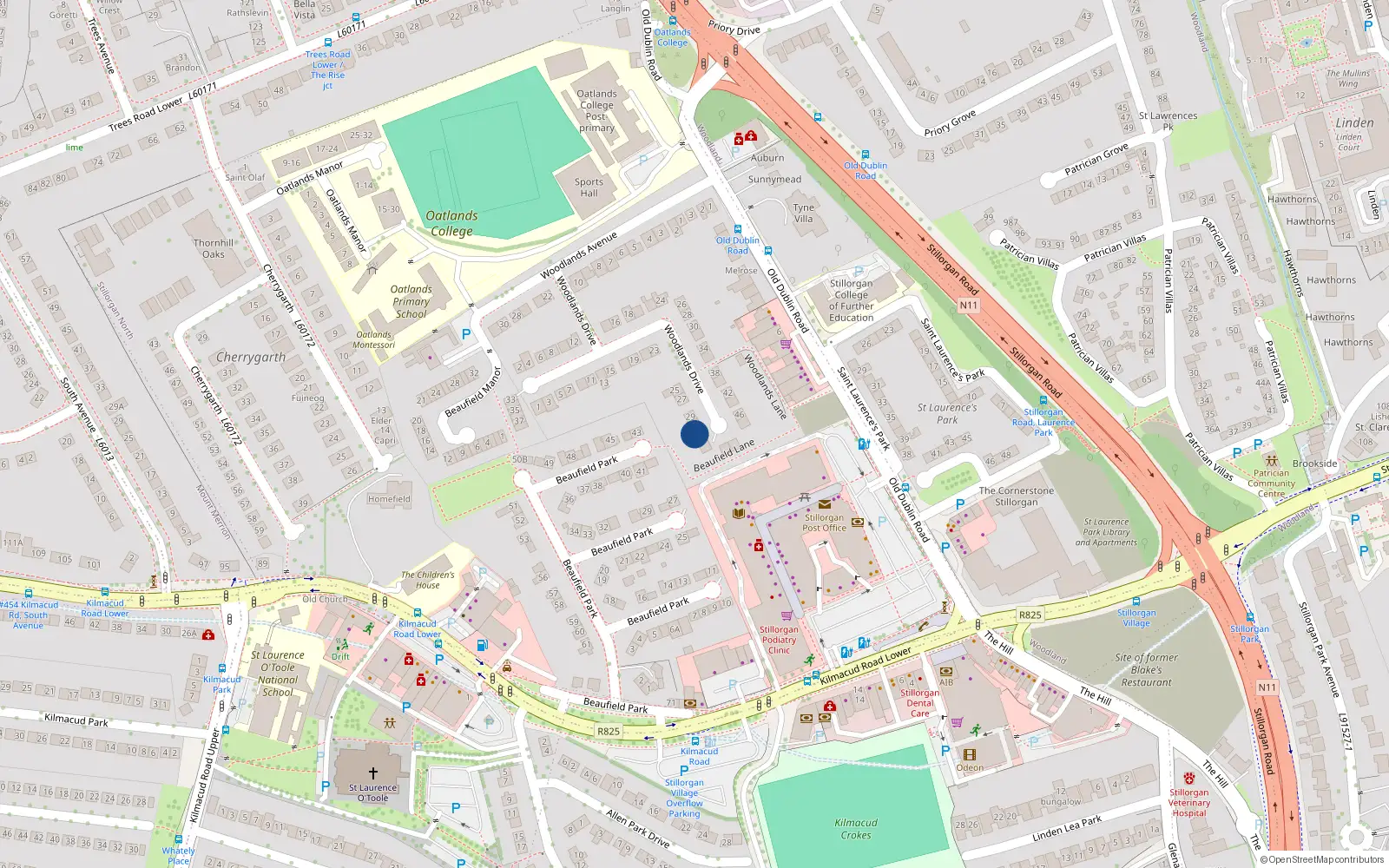 Overhead map showing the location of 33 Woodlands Drive, Dublin