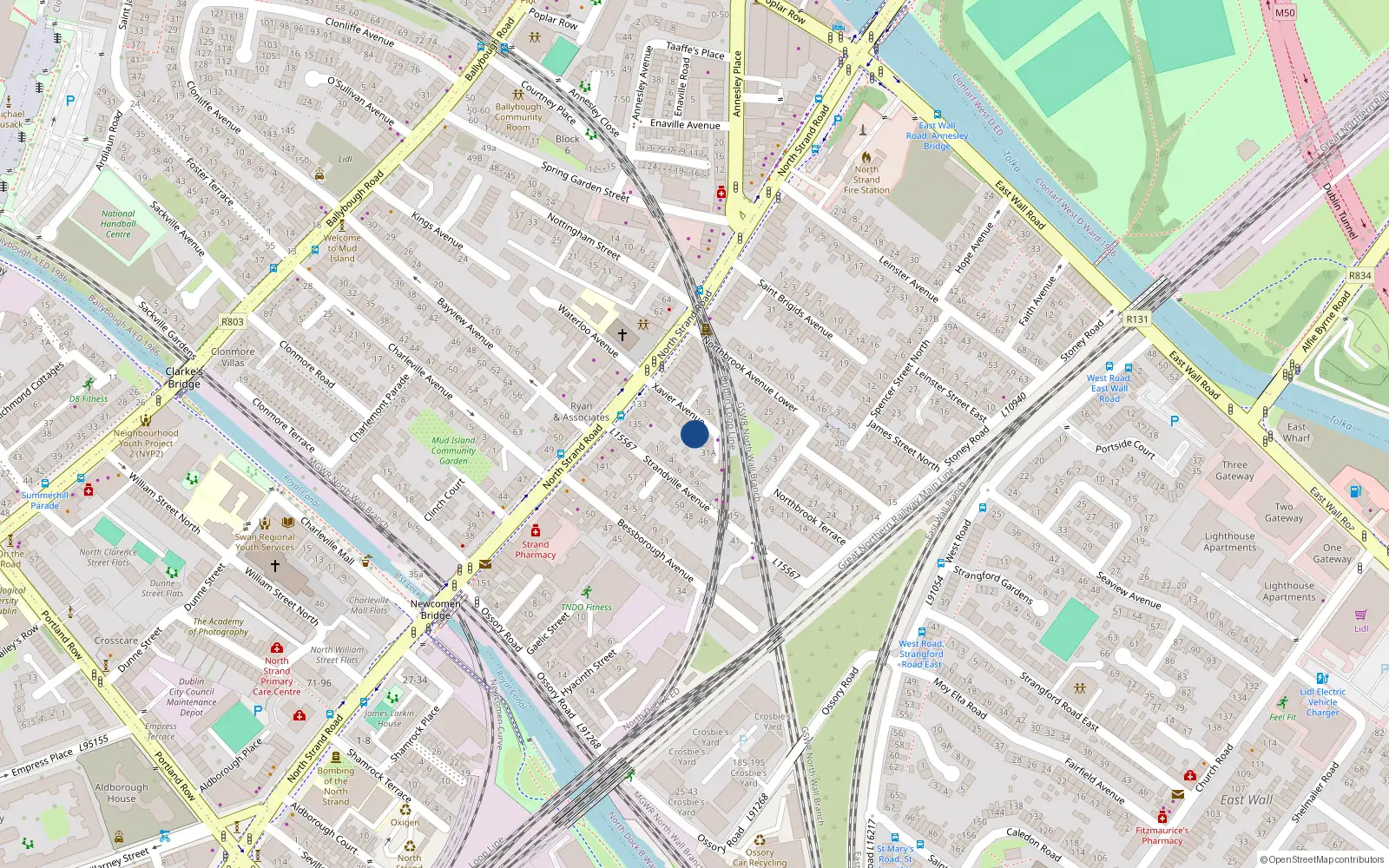 Overhead map showing the location of 33 Xavier Avenue, North Strand, Dublin 3