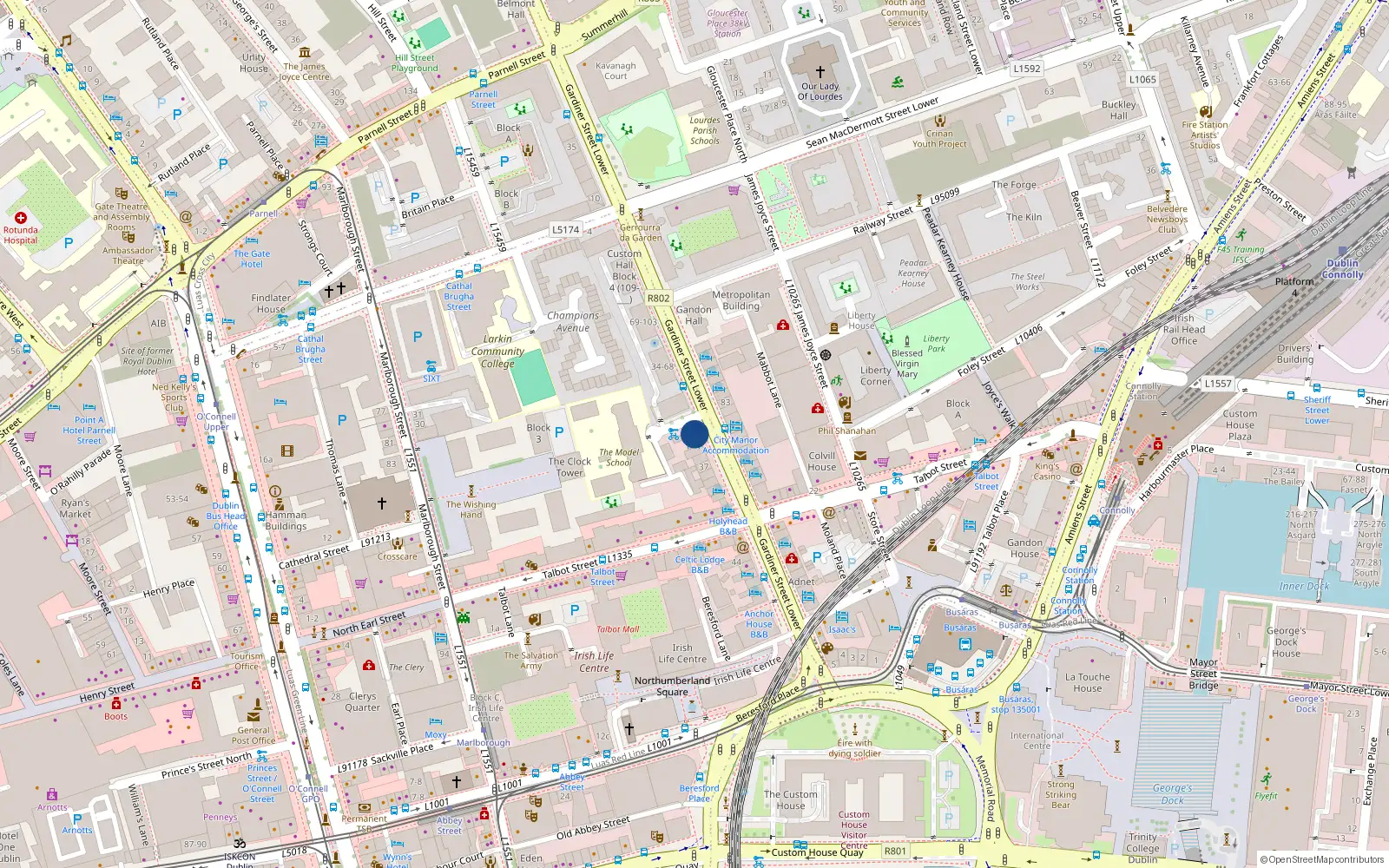 Overhead map showing the location of 33/34 Gardiner Street, Dublin 1