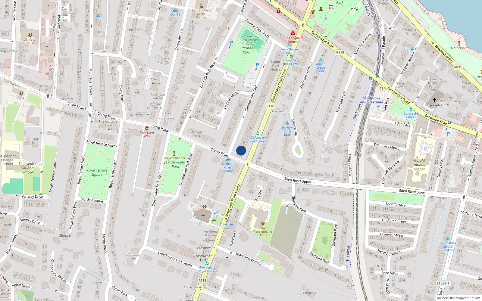 Overhead map showing the location of 33 Clarinda Park East, Co. Dublin