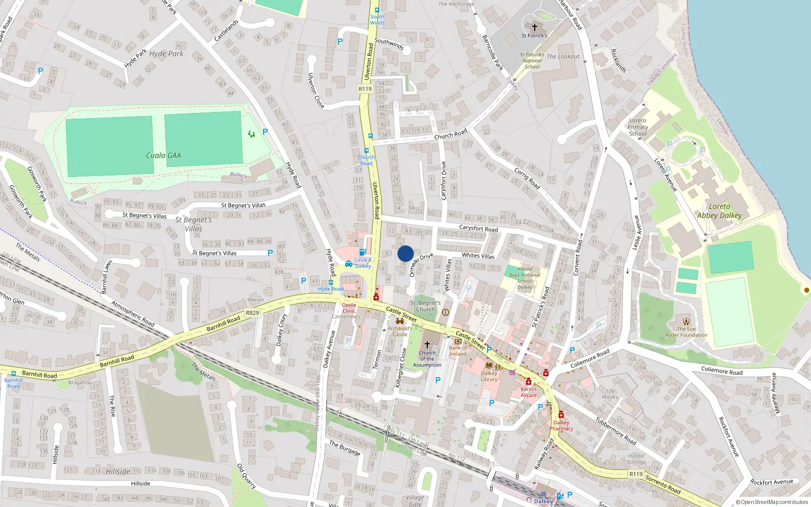 Overhead map showing the location of 3 Ormeau Drive, Dalkey