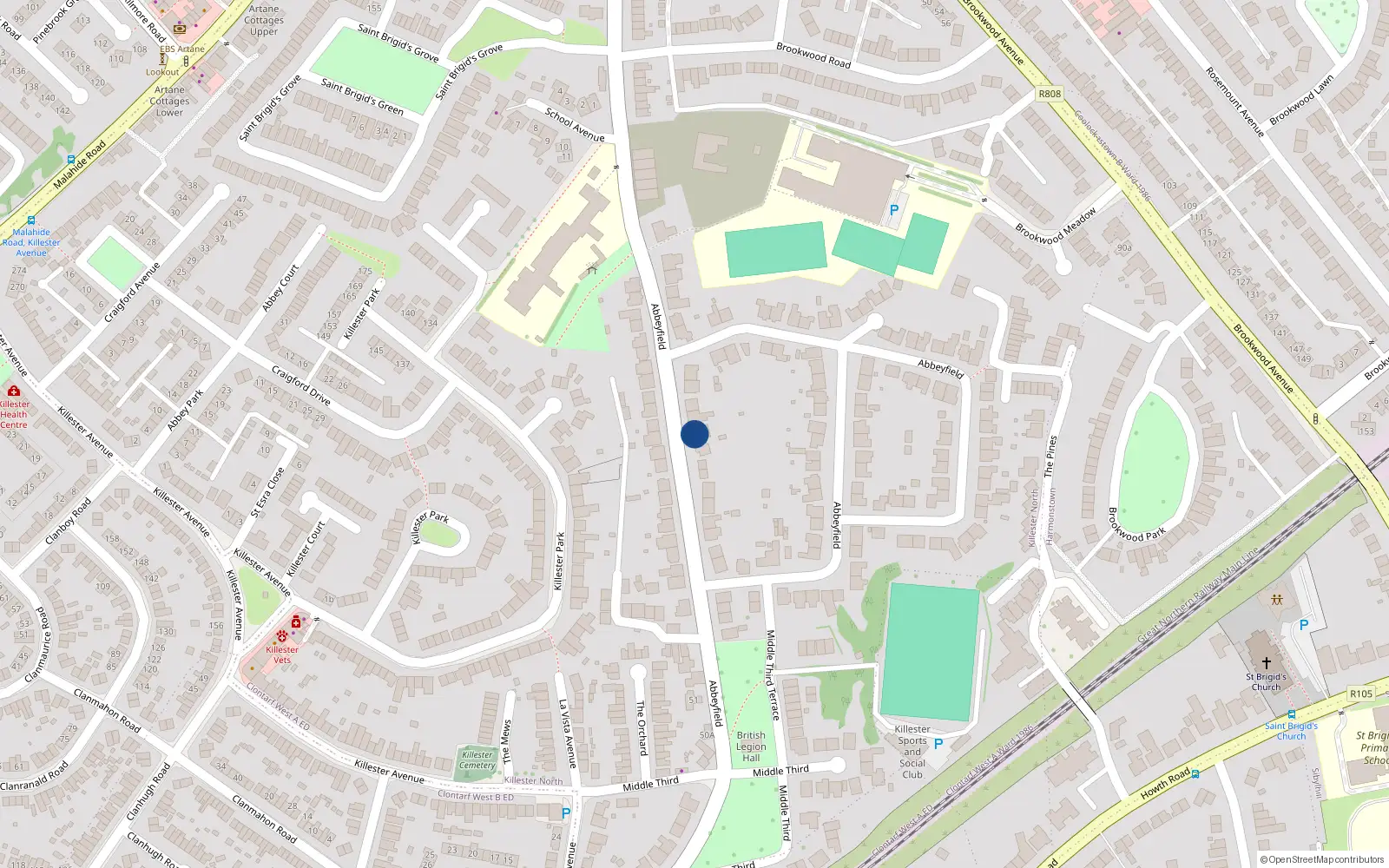Overhead map showing the location of 34 Abbeyfield, Killester, Dublin 5