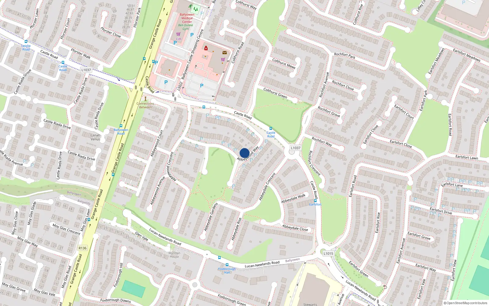Overhead map showing the location of 34 Abbeywood Way, Lucan