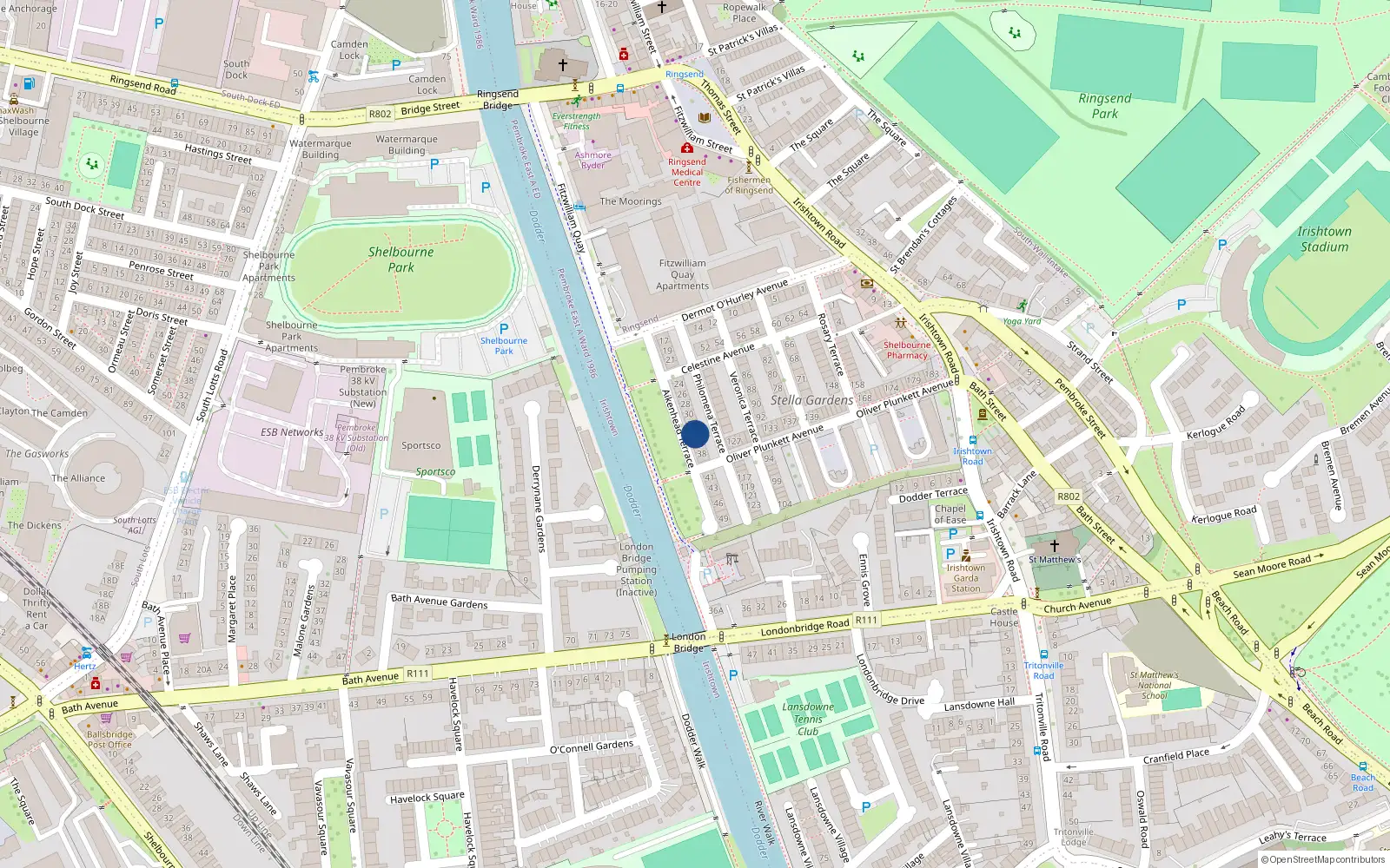 Overhead map showing the location of 34 Aikenhead Terrace, Irishtown