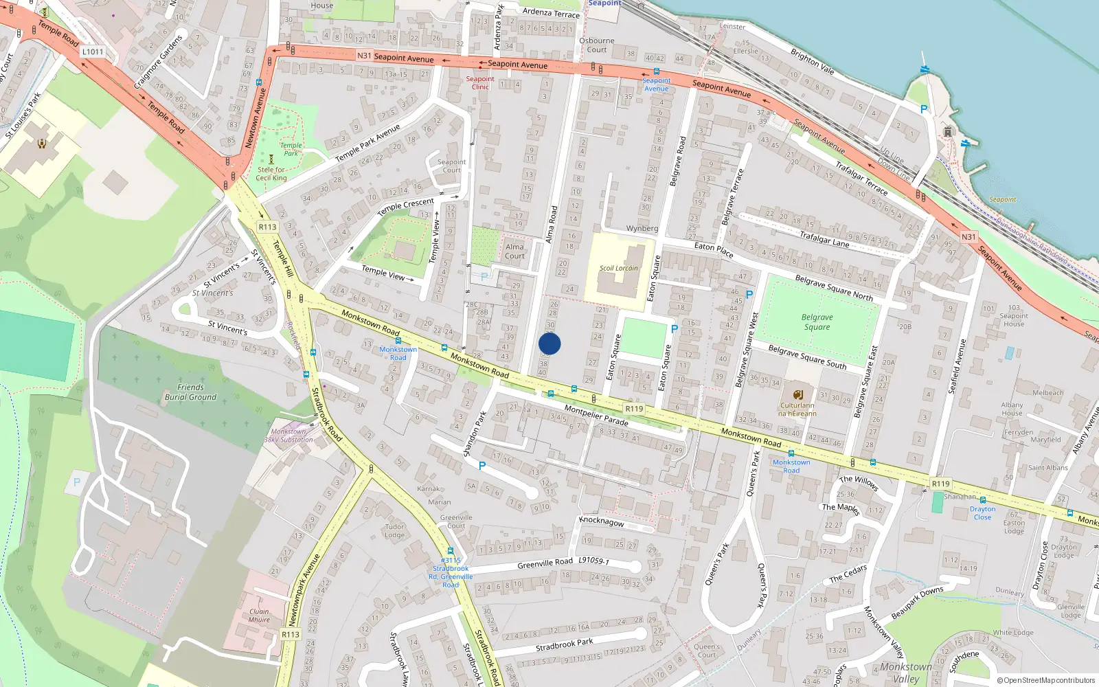 Overhead map showing the location of 34 Alma Road, Monkstown