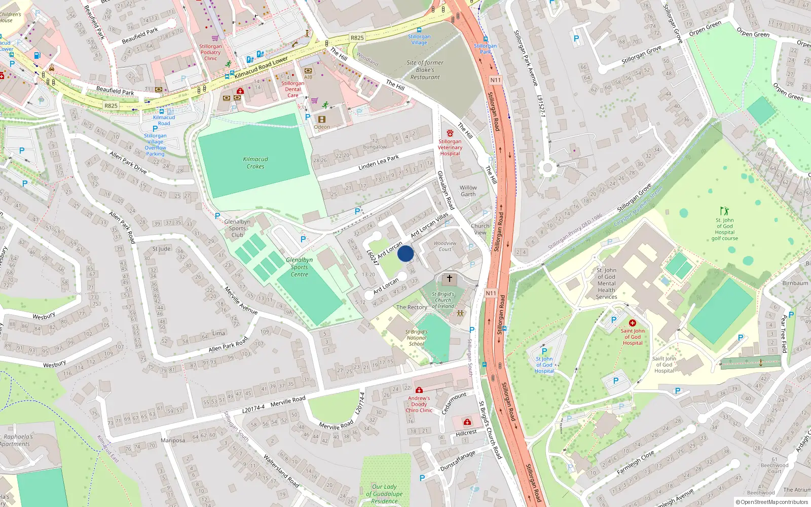Overhead map showing the location of 34 Árd Lorcain, Dublin
