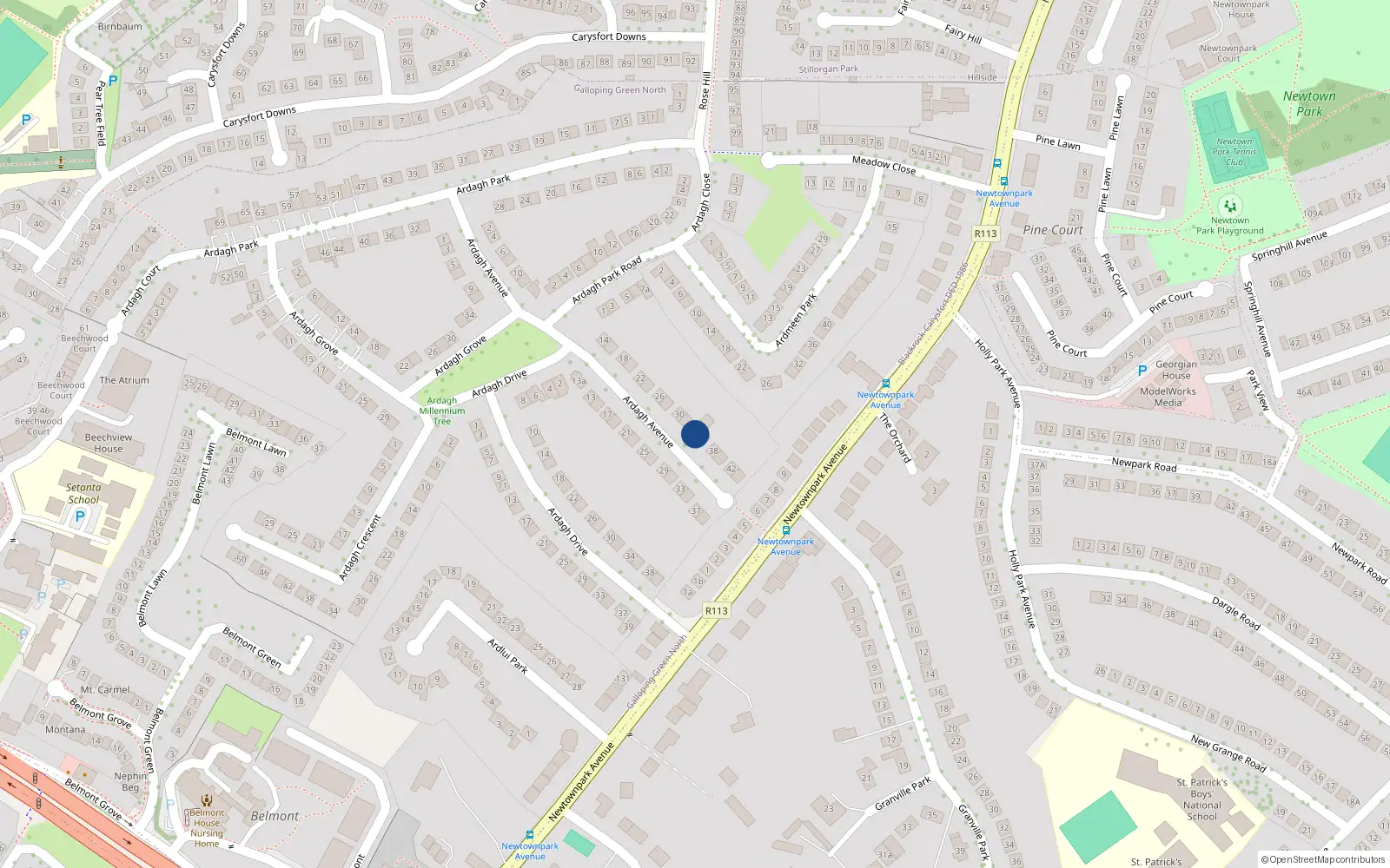 Overhead map showing the location of 34 Ardagh Avenue, Blackrock, Dublin