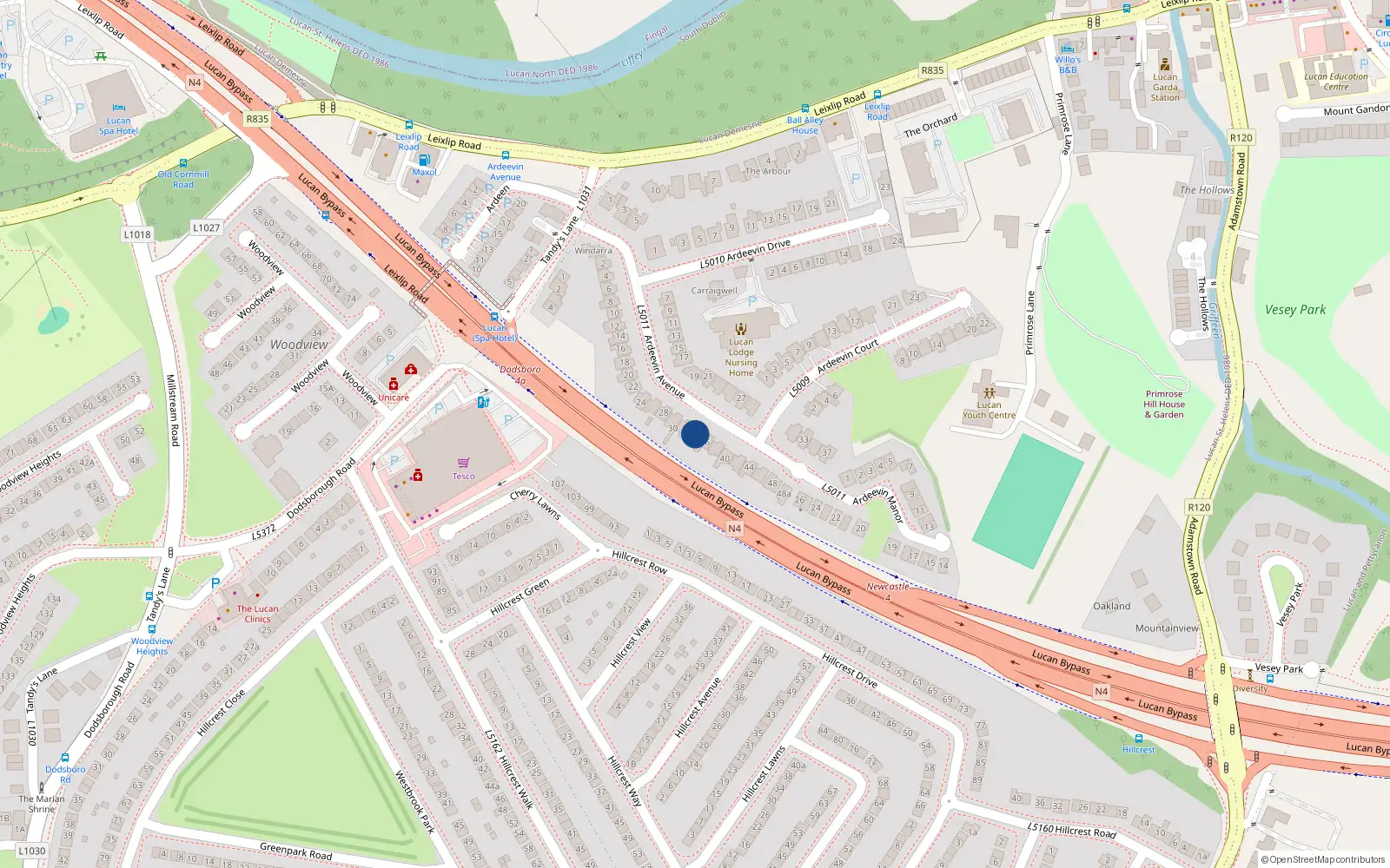 Overhead map showing the location of 34 Ardeevin Avenue, Lucan