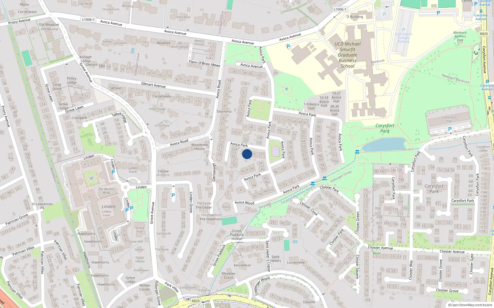 Overhead map showing the location of 34 Avoca Park, Blackrock, Dublin