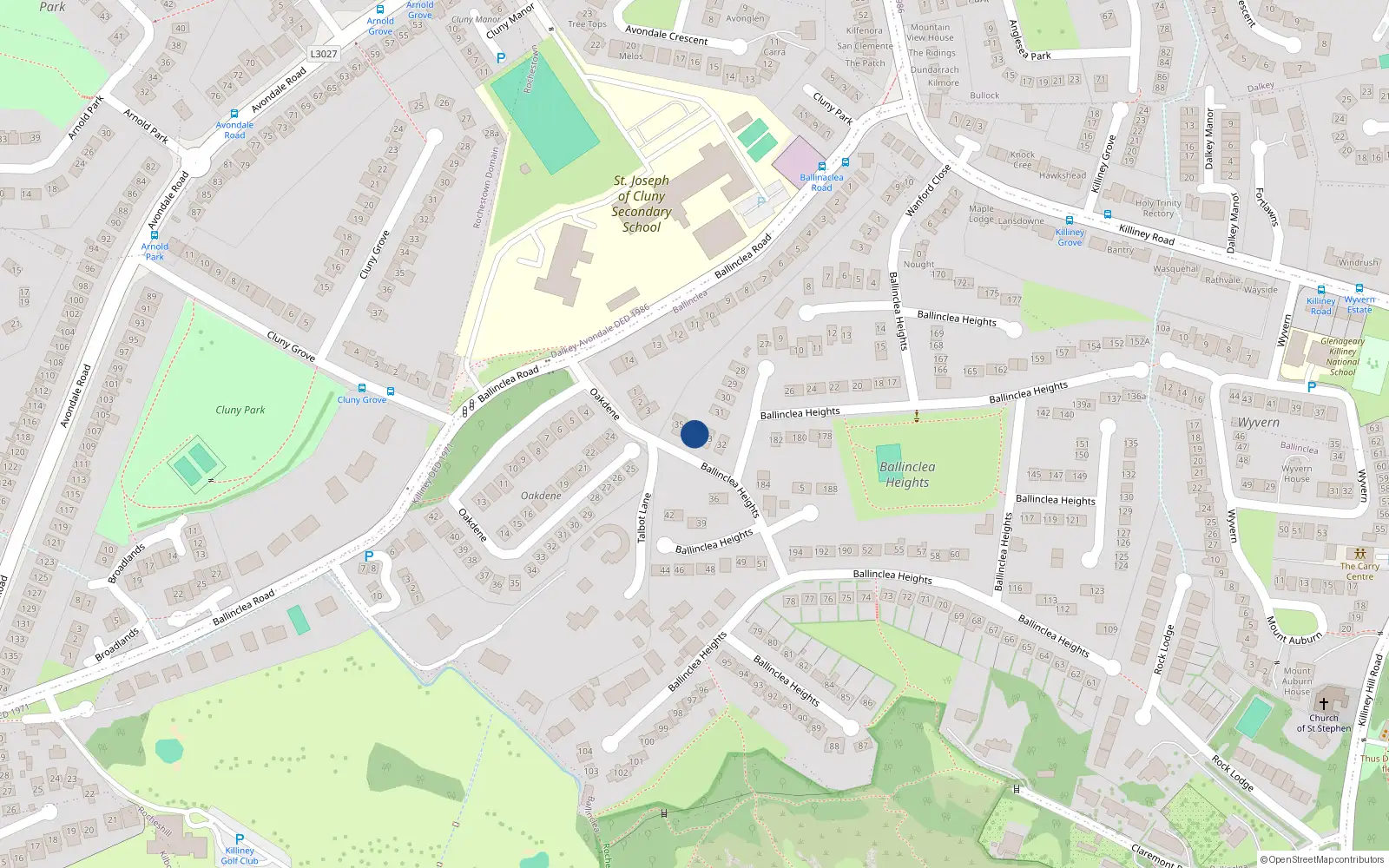 Overhead map showing the location of 34 Ballinclea Heights, Killiney