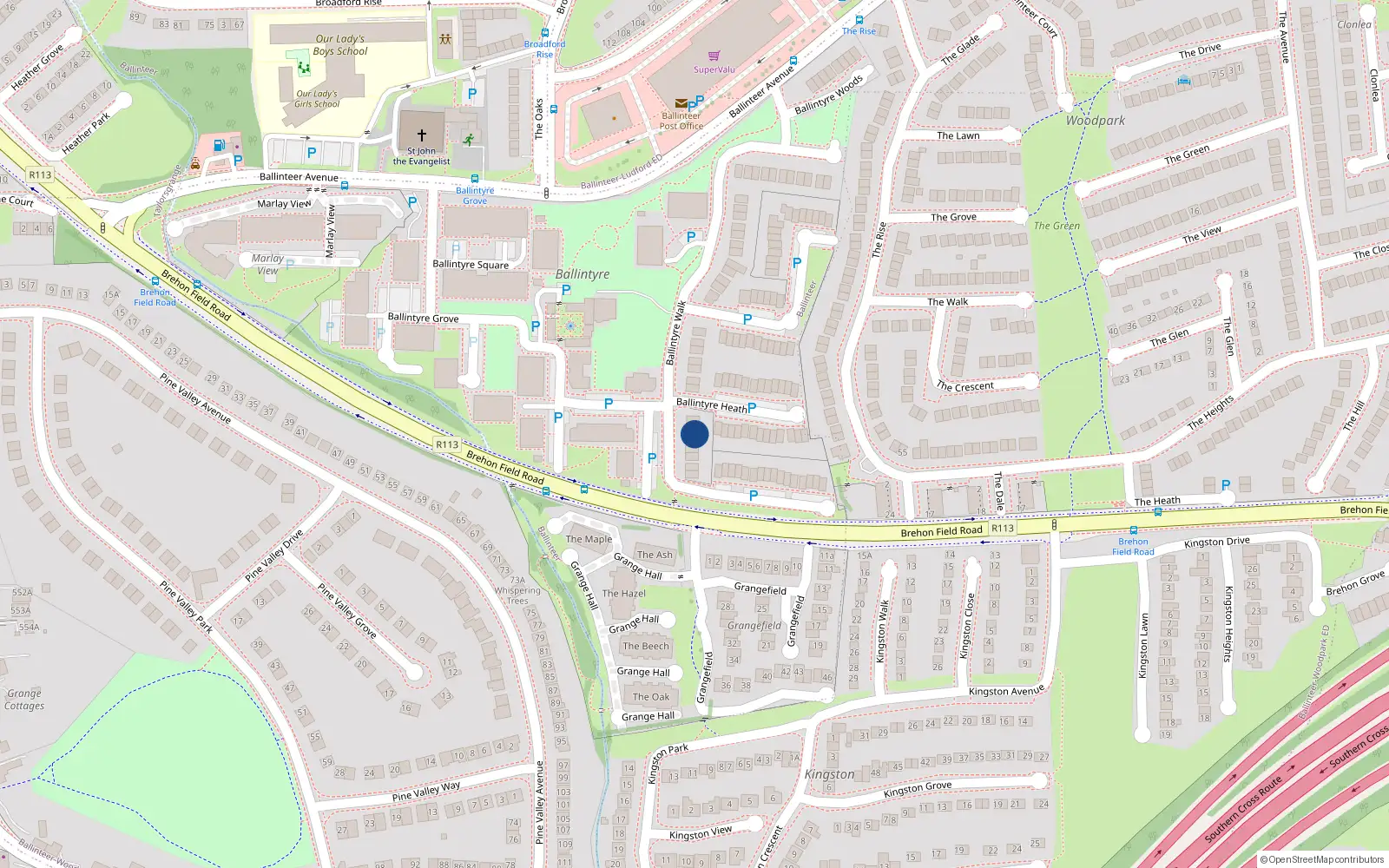 Overhead map showing the location of 34 Ballintyre Walk, Dublin 16