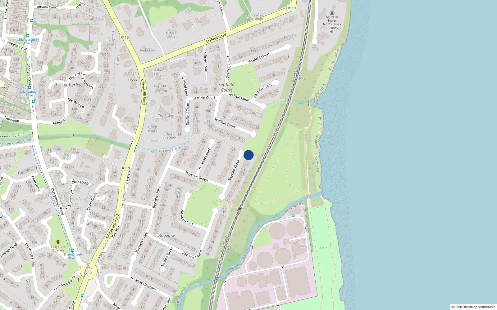 Overhead map showing the location of 34 Bayview Close, Killiney, Dublin