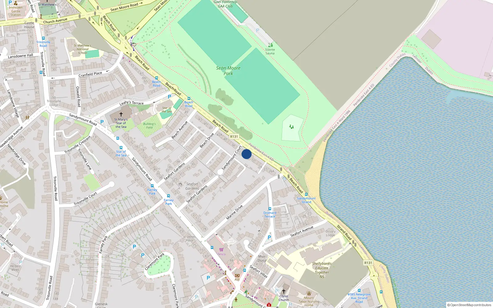 Overhead map showing the location of 34 Beach Road, Sandymount