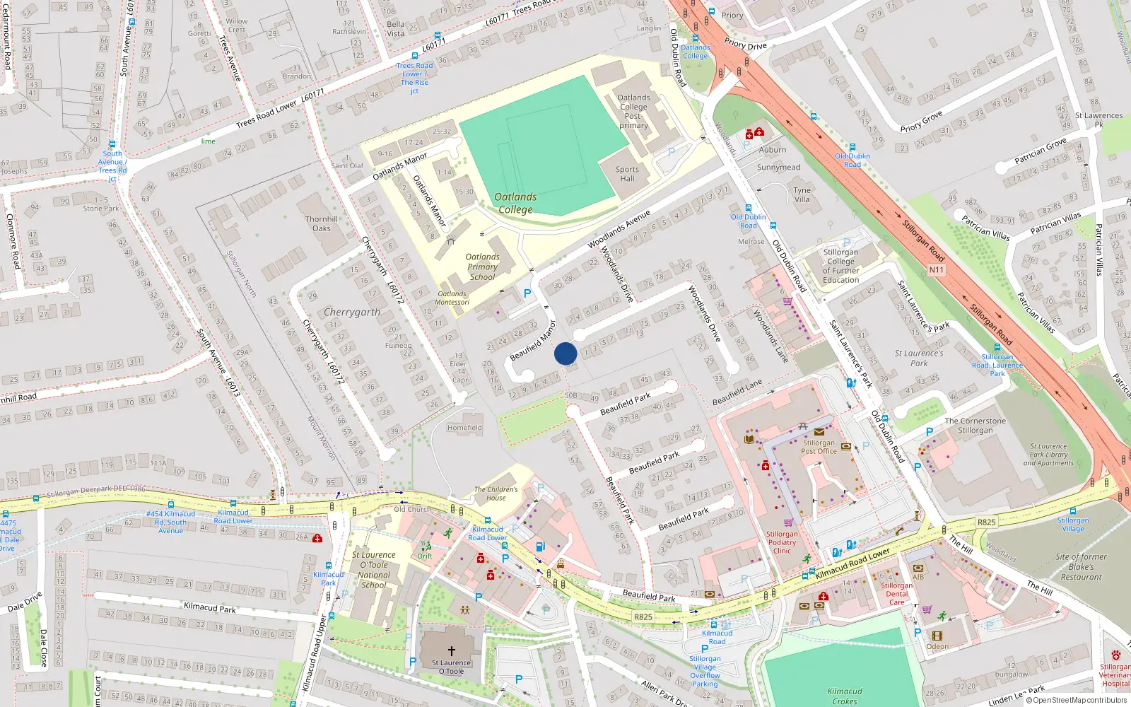 Overhead map showing the location of 34 Beaufield Manor, Stillorgan, Blackrock