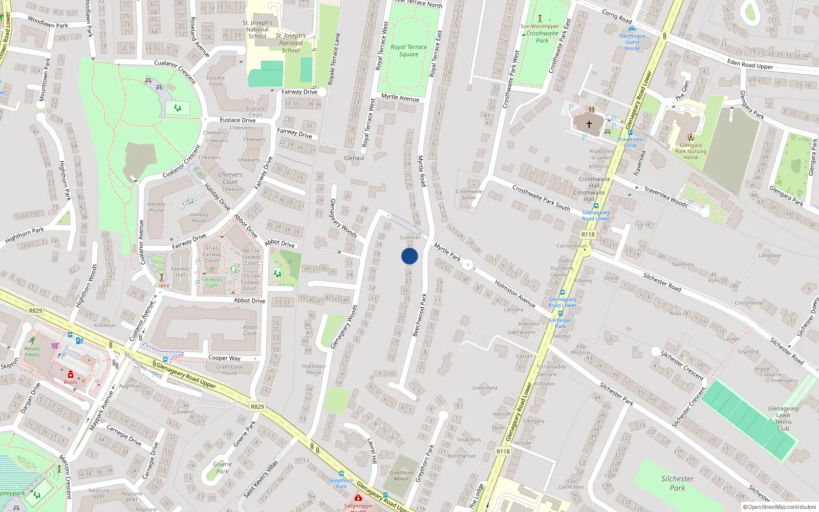 Overhead map showing the location of 34 Beechwood Park, Dublin