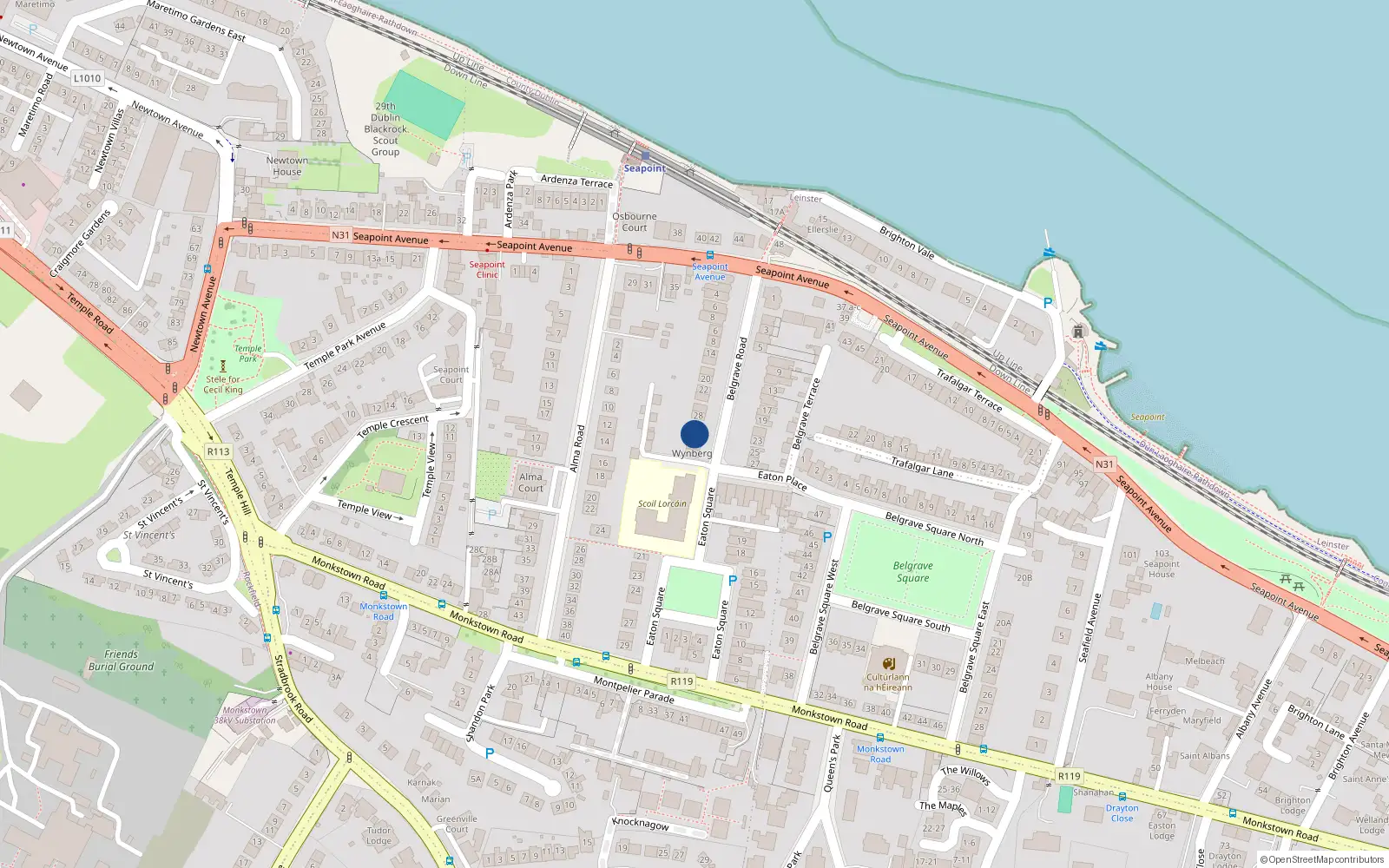 Overhead map showing the location of 34 Belgrave Road, Monkstown