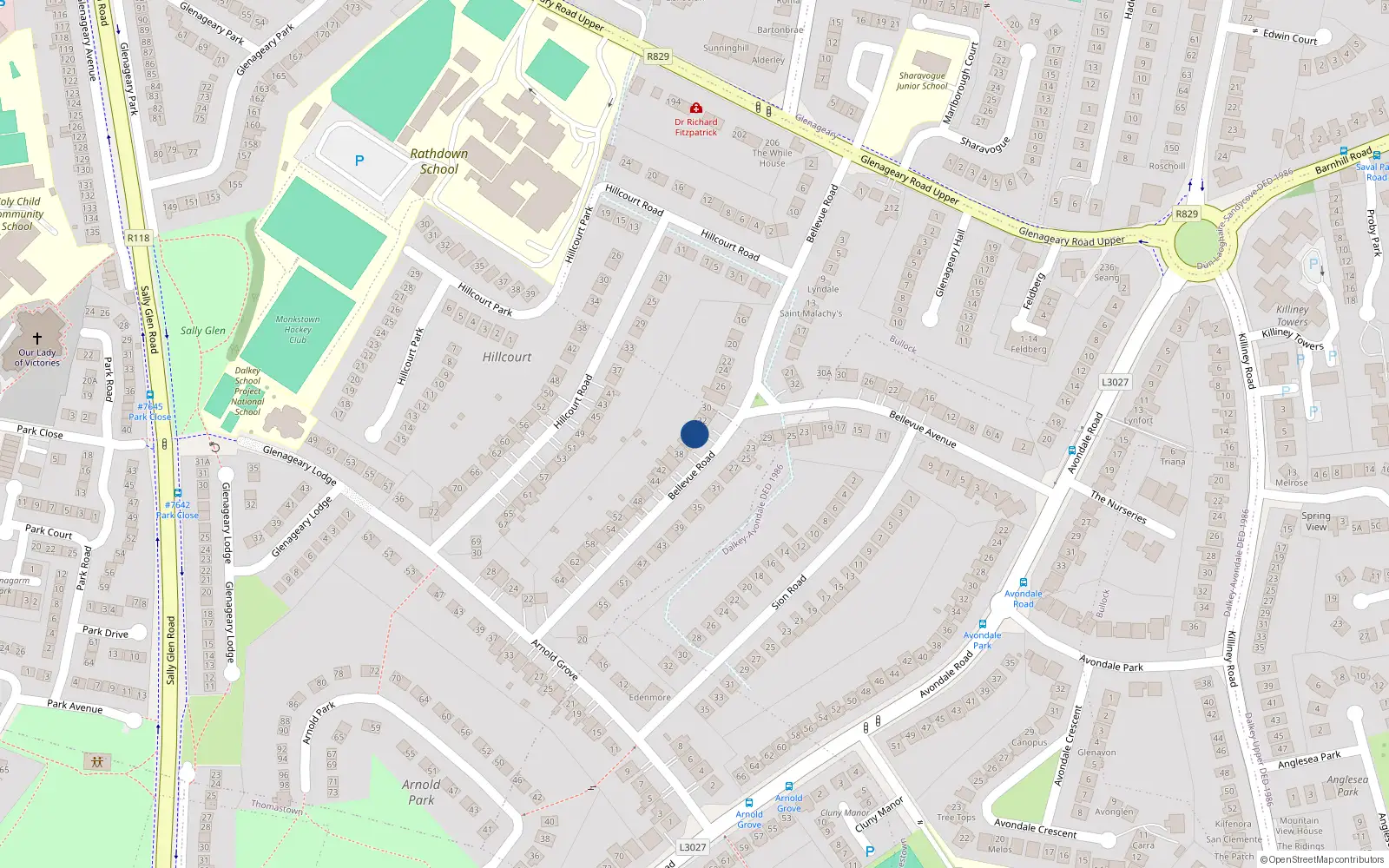 Overhead map showing the location of 34 Bellevue Road, Glenageary, Dublin