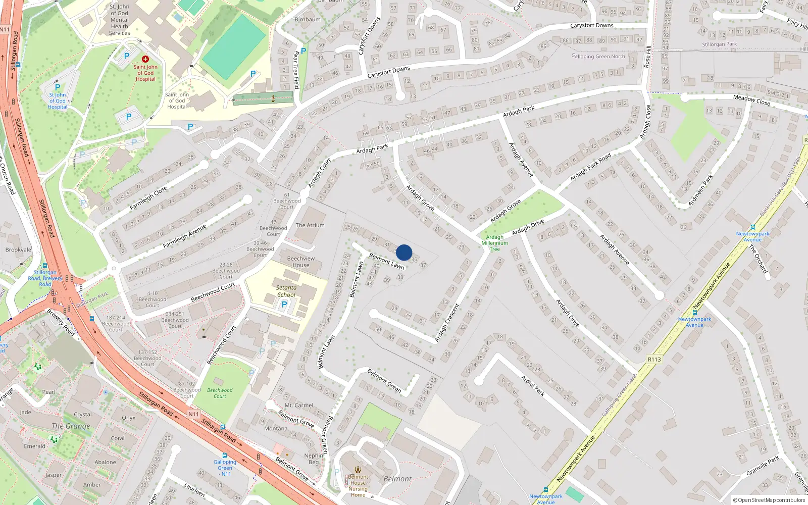 Overhead map showing the location of 34 Belmont Lawn, Blackrock