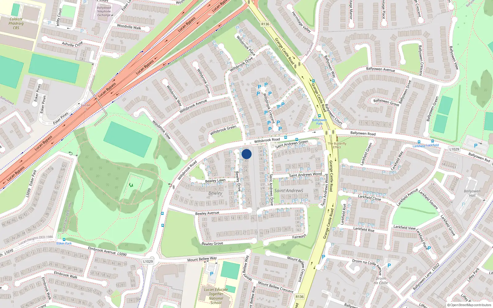 Overhead map showing the location of 34 Bewley Drive, Lucan