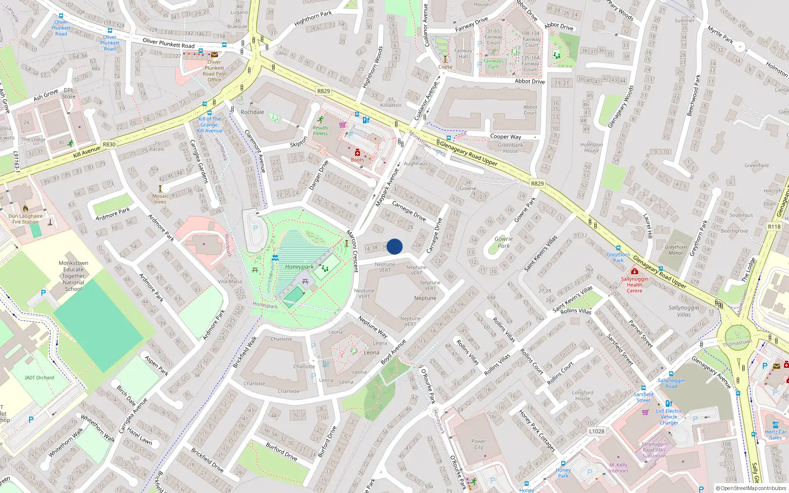 Overhead map showing the location of 34 Boyd Avenue, Honeypark, Dun Laoghaire