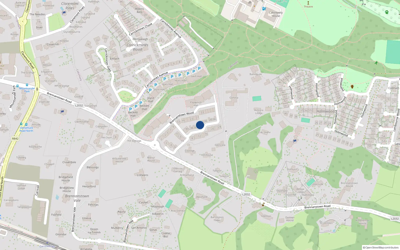 Overhead map showing the location of 34 Brennanstown Wood, Dublin 18