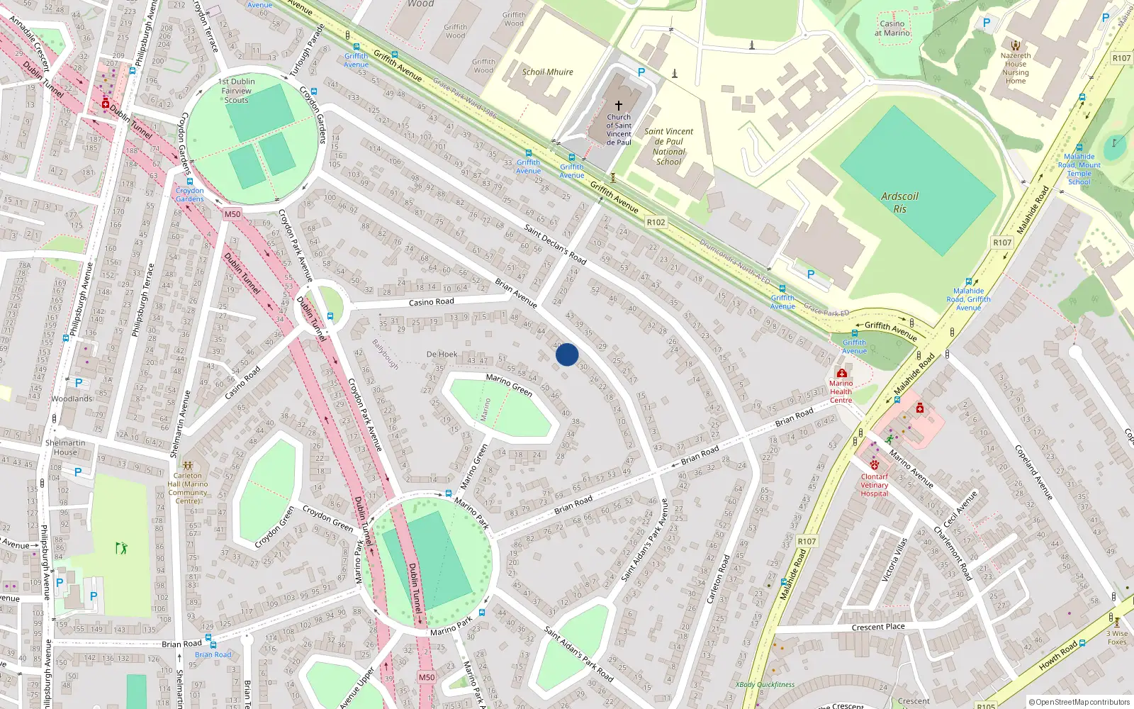 Overhead map showing the location of 34 Brian Avenue, Marino, Dublin 3