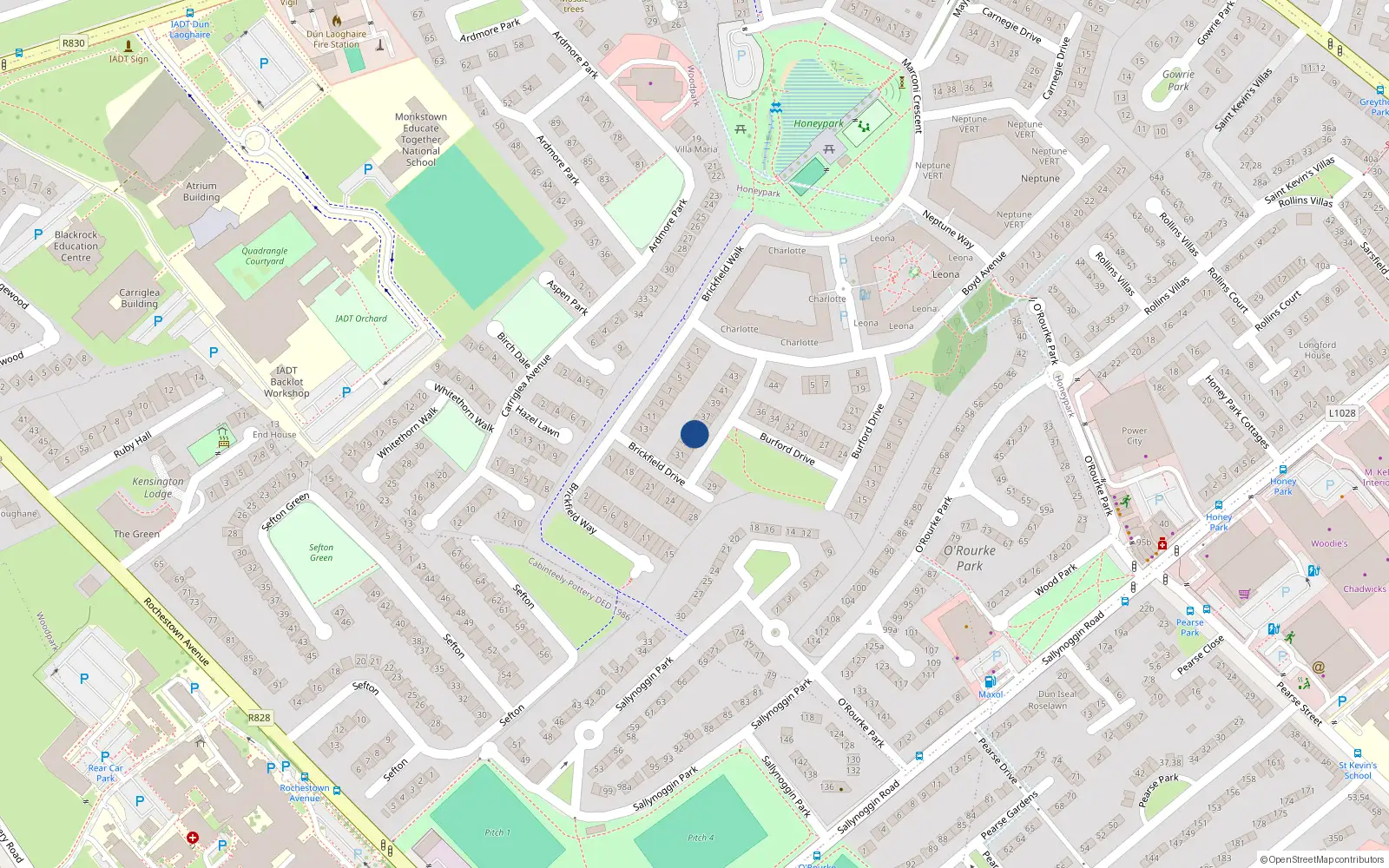 Overhead map showing the location of 34 Brickfield Drive, Dún Laoghaire