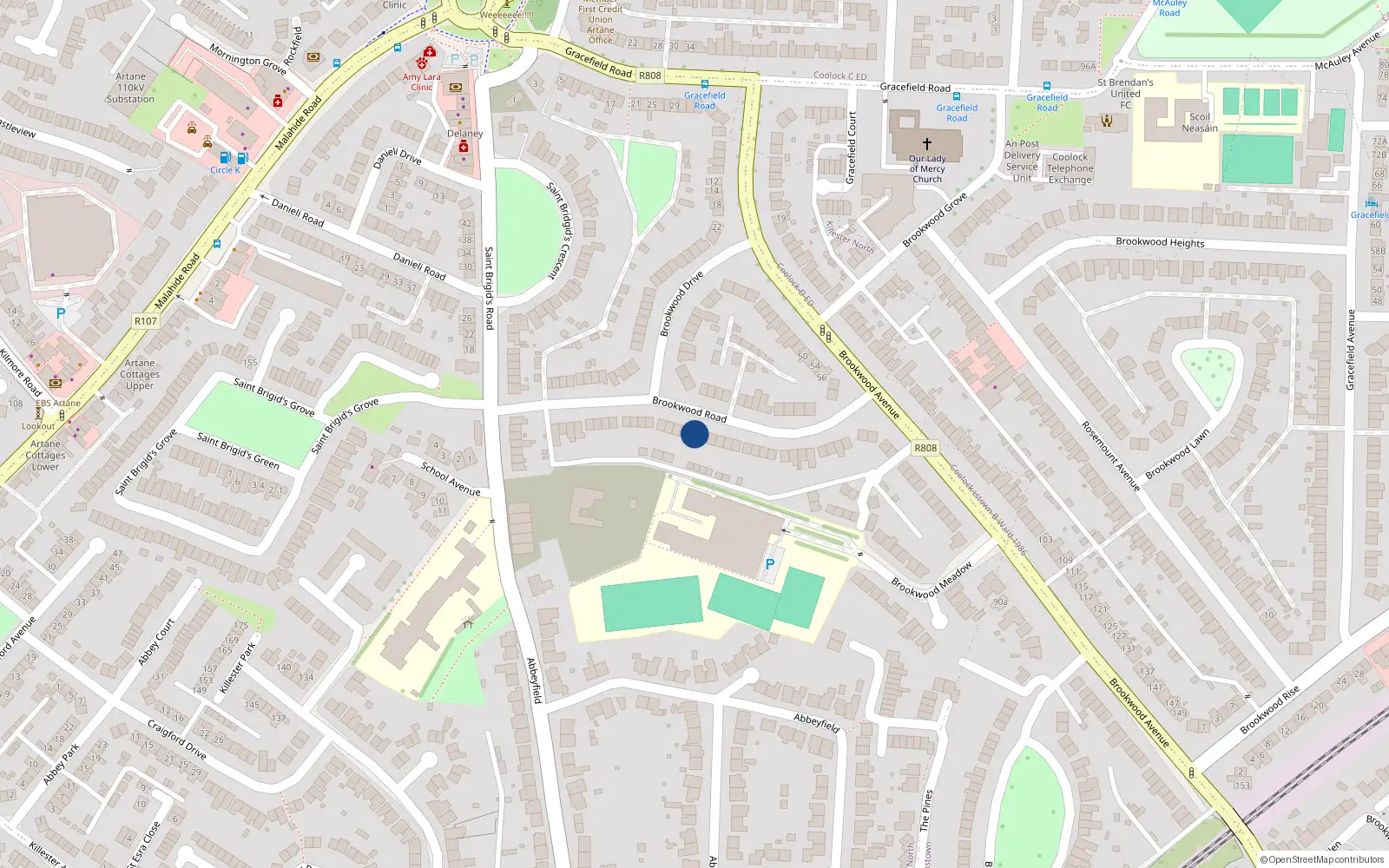 Overhead map showing the location of 34 Brookwood Road, Dublin 5