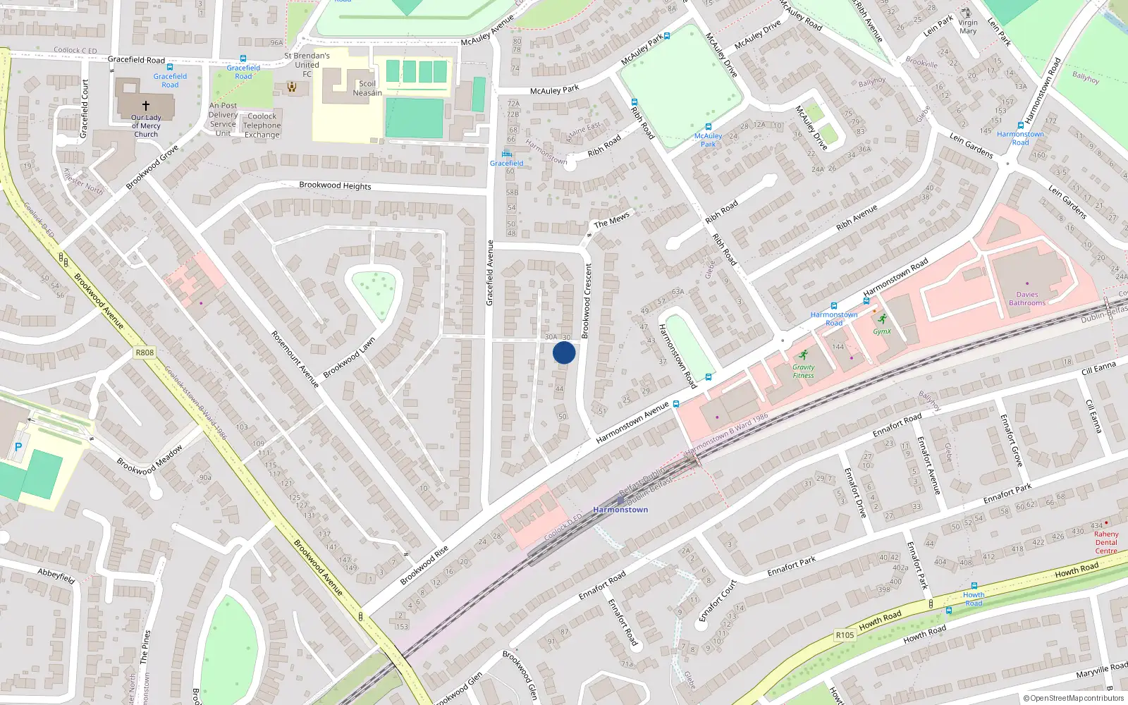 Overhead map showing the location of 34 Brookwood Crescent, Dublin 5