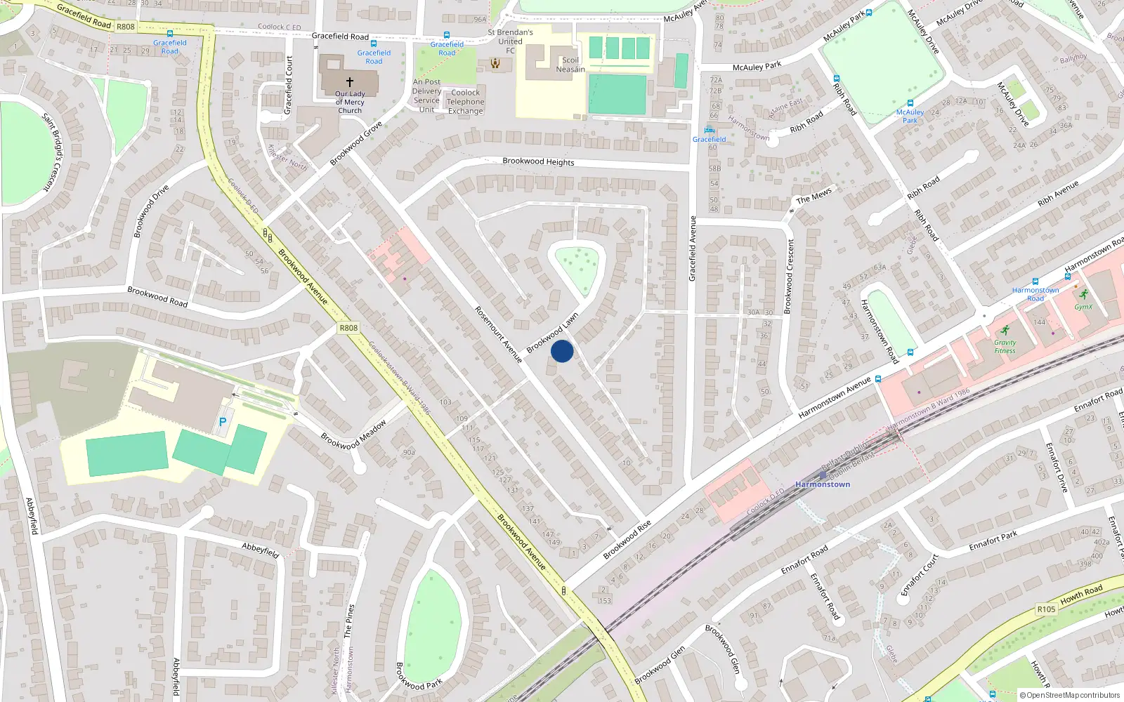 Overhead map showing the location of 34 Brookwood Lawn, Dublin 5