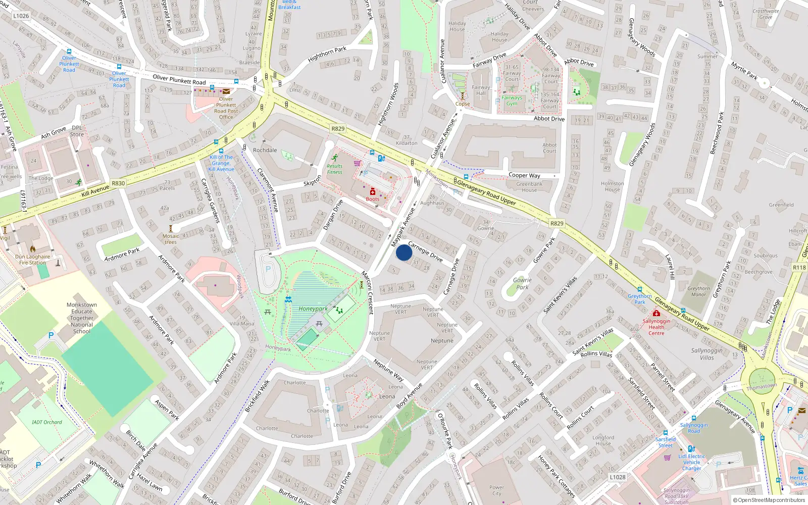 Overhead map showing the location of 34 Carnegie Drive, Dun Laoghaire