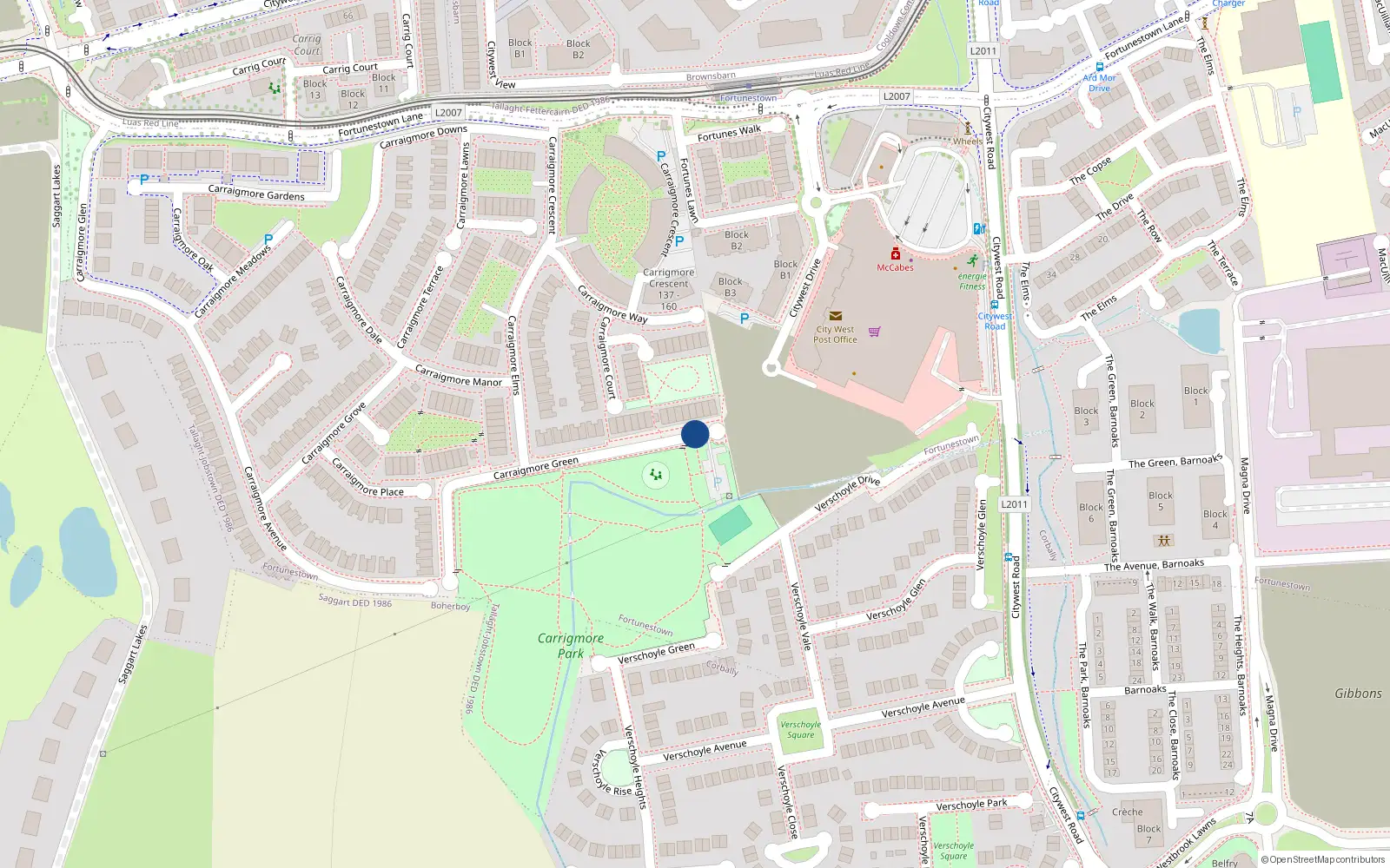 Overhead map showing the location of 34 Carrigmore Green, Co Dublin